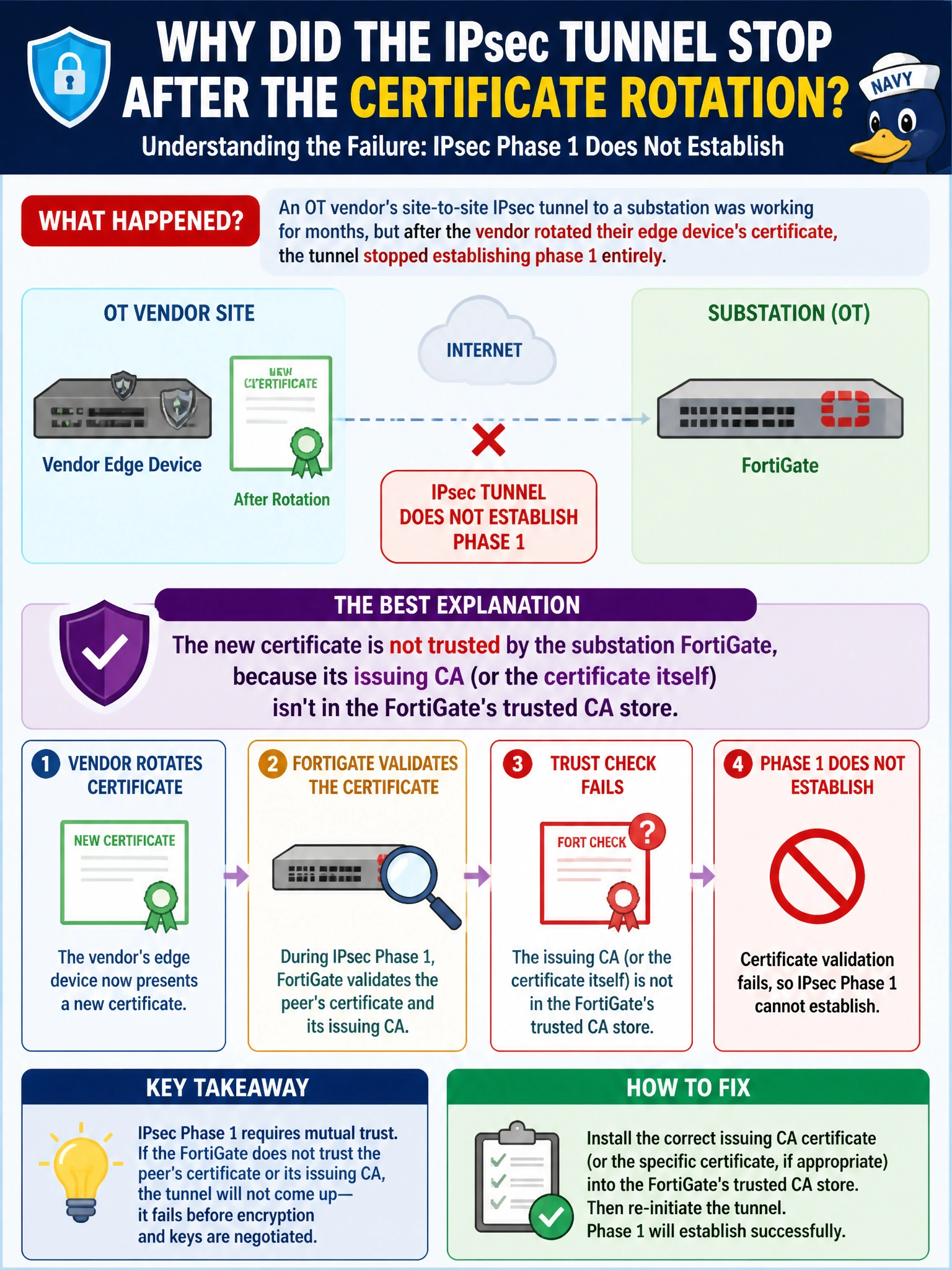 To Create an exciting colorful infographic that explains the concepts in the question: Question: An OT vendor's site-to-site IPsec tunnel to a substation was working for months, but after the vendor rotated their edge device's certificate, the tunnel stopped establishing phase 1 entirely. Which explanation best accounts for this specific failure pattern? Correct Answer: The new certificate is not trusted by the substation FortiGate, because its issuing CA (or the certificate itself) isn't in the FortiGate's trusted CA store Put EVERY visible label in double quotes. No people. No A/B/C/D letters. In one of the four corners put a little "Navy Duck".