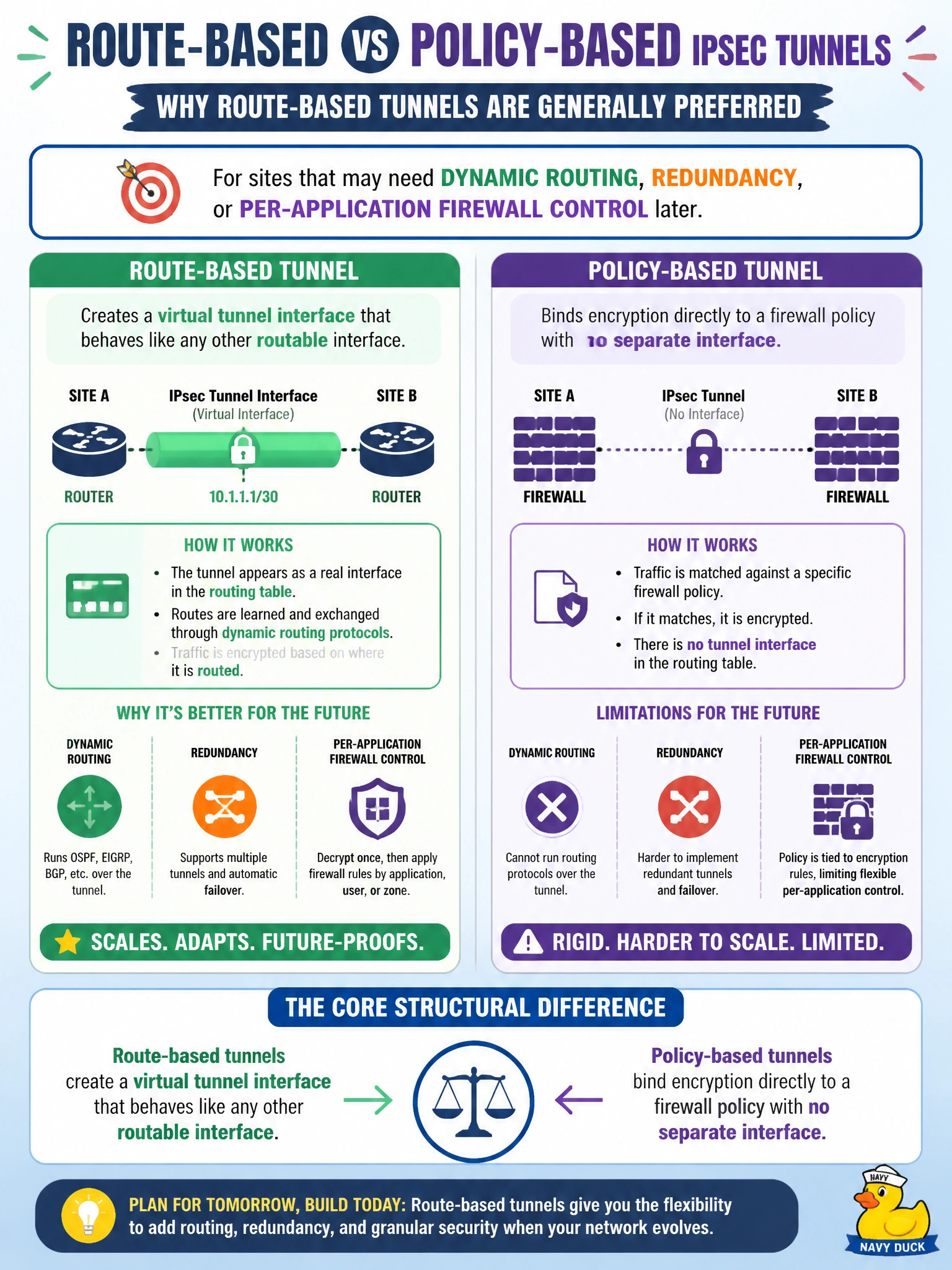To Create an exciting colorful infographic that explains the concepts in the question: Question: A utility is standardizing its substation IPsec design and wants new engineers to understand why route-based tunnels are generally preferred over policy-based tunnels for sites likely to need dynamic routing, redundancy, or per-application firewall control later. What is the core structural difference that explains this preference? Correct Answer: Route-based tunnels create a virtual tunnel interface that behaves like any other routable interface, while policy-based tunnels bind encryption directly to a firewall policy with no separate interface Put EVERY visible label in double quotes. No people. No A/B/C/D letters. In one of the four corners put a little "Navy Duck".