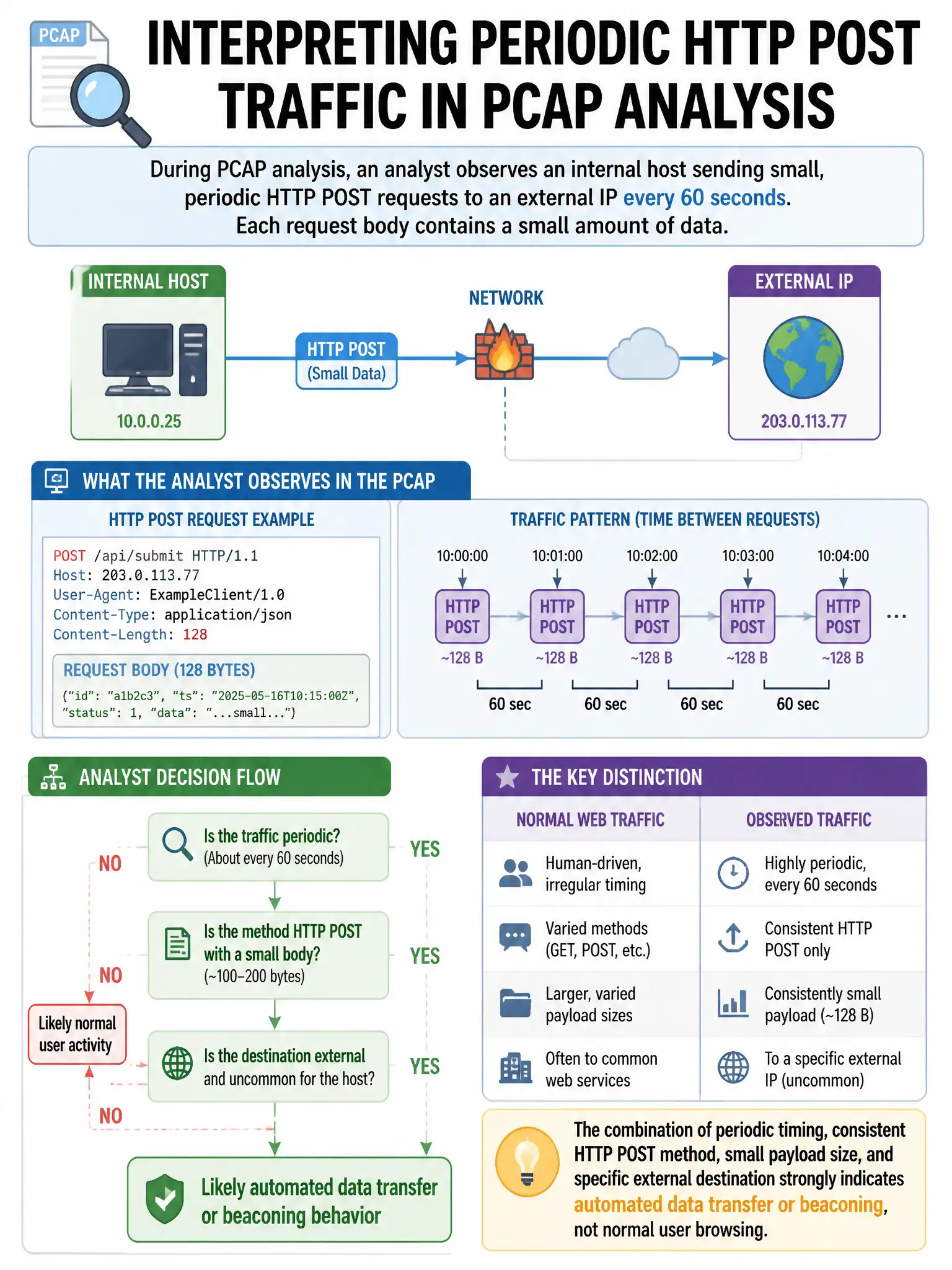Portrait educational infographic teaching: During PCAP analysis, an analyst observes an internal host sending small, periodic HTTP POST requests to an external IP every 60 seconds. Each request body contains a small amount . Show labeled components, decision flow, and the key distinction that makes the correct answer correct. Clean modern diagram style.