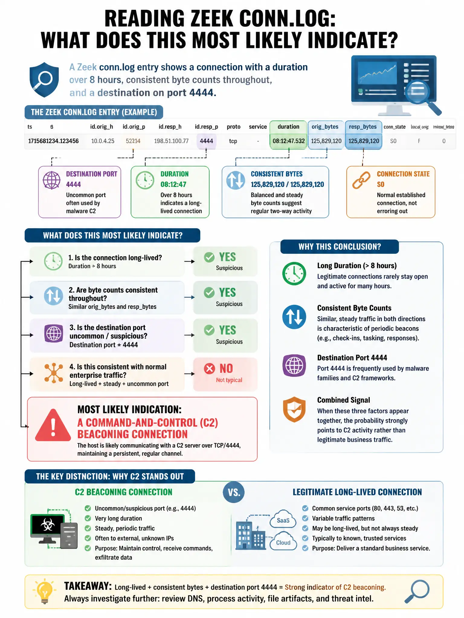 Portrait educational infographic teaching: A Zeek conn.log entry shows a connection with a duration over 8 hours, consistent byte counts throughout, and a destination on port 4444. What does this MOST likely indicate?. Show labeled components, decision flow, and the key distinction that makes the correct answer correct. Clean modern diagram style.