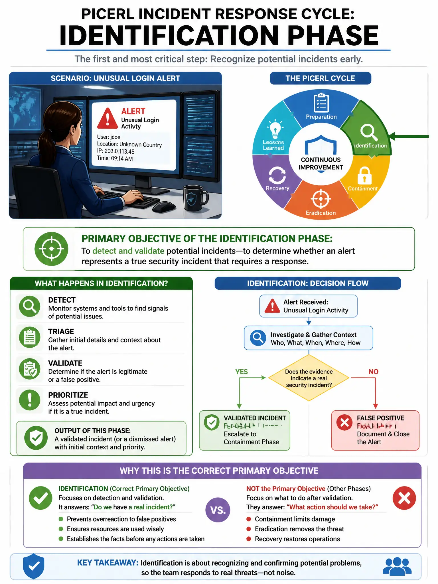 Portrait educational infographic teaching: During the identification phase of the PICERL incident response cycle, a security analyst receives an alert for unusual login activity. What is the PRIMARY objective of this phase?. Show labeled components, decision flow, and the key distinction that makes the correct answer correct. Clean modern diagram style.