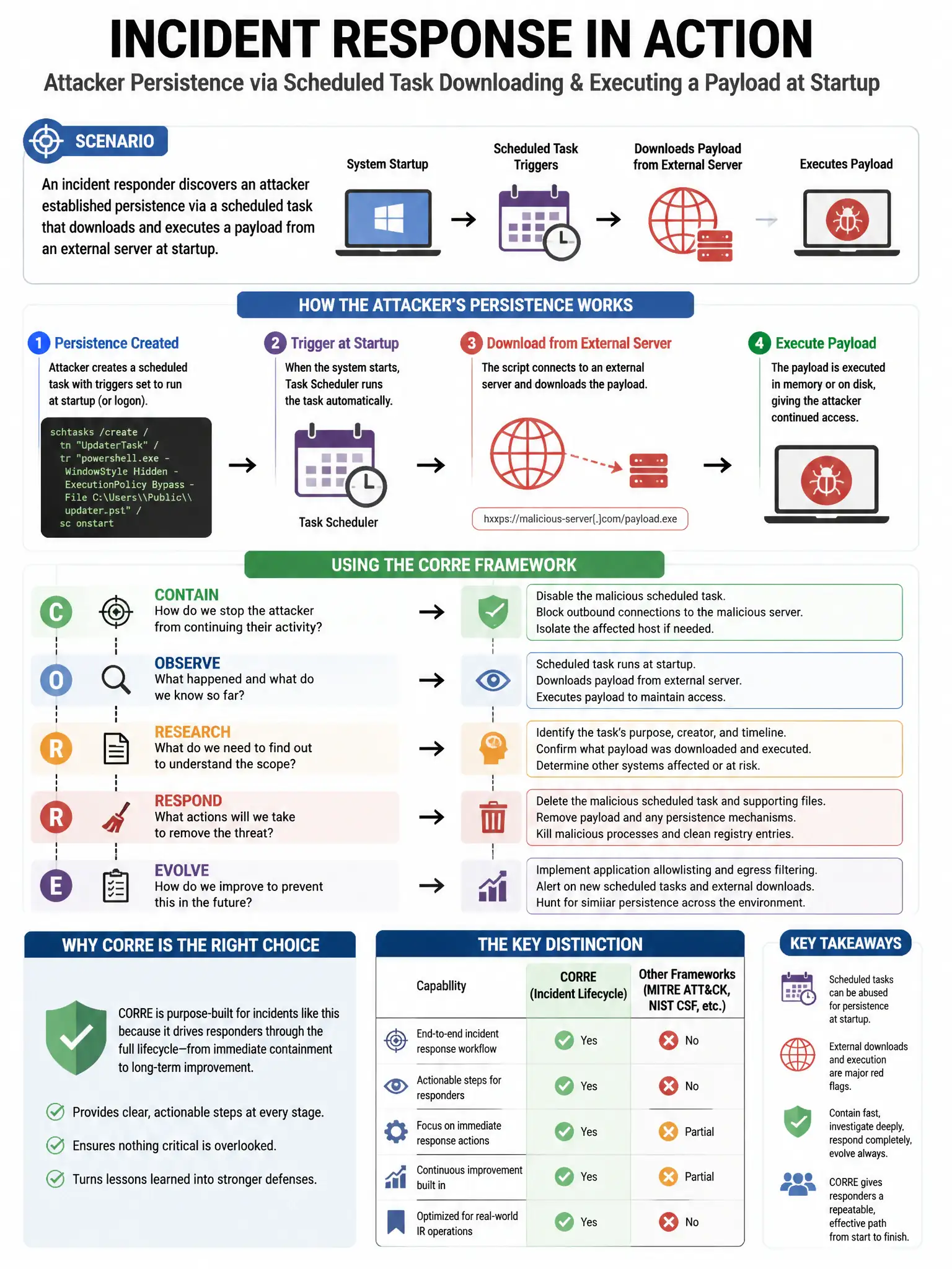 Portrait educational infographic teaching: An incident responder discovers an attacker established persistence via a scheduled task that downloads and executes a payload from an external server at startup. What is the CORRE. Show labeled components, decision flow, and the key distinction that makes the correct answer correct. Clean modern diagram style.