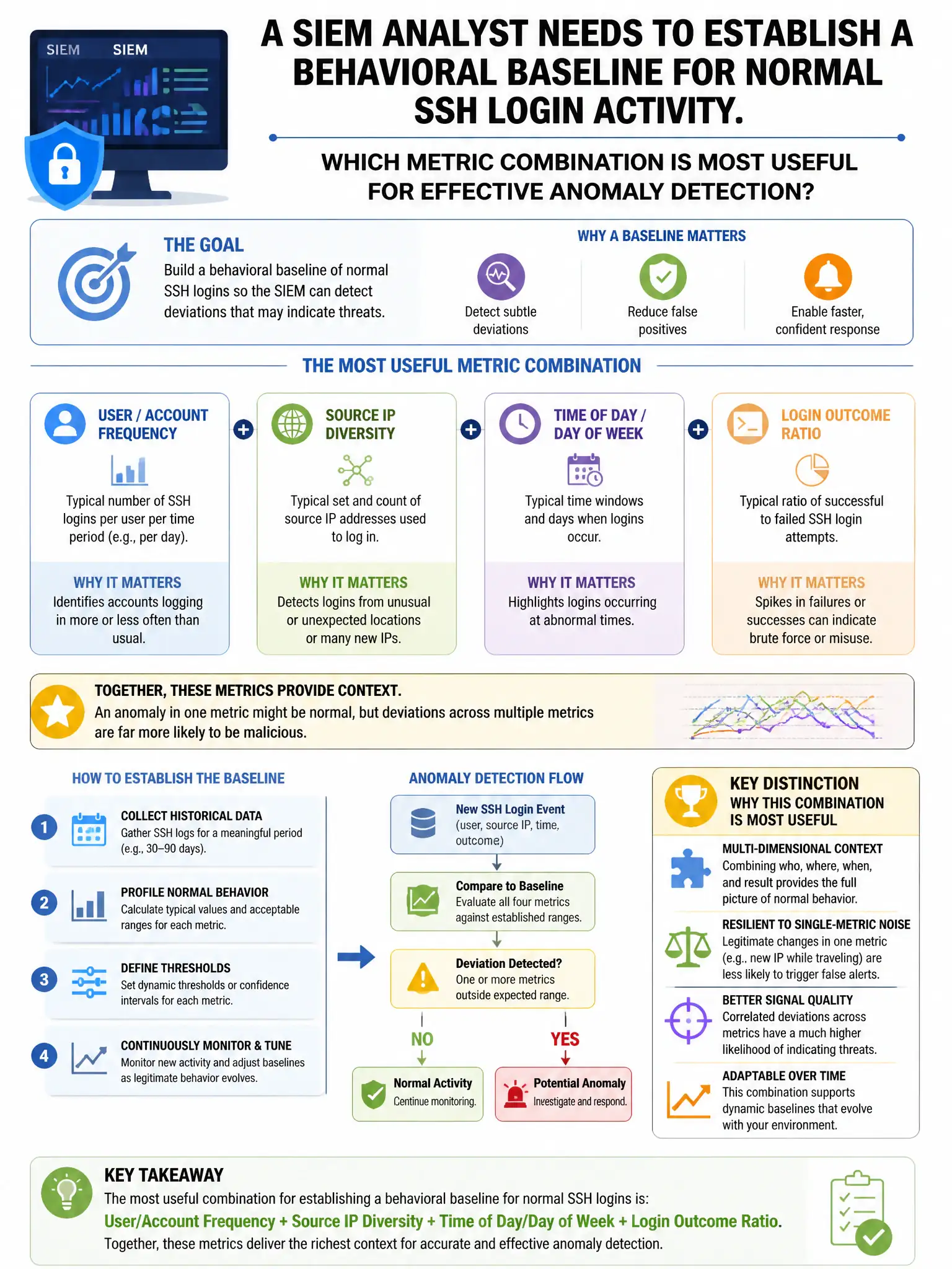 Portrait educational infographic teaching: A SIEM analyst needs to establish a behavioral baseline for normal SSH login activity. Which metric combination is MOST useful for effective anomaly detection?. Show labeled components, decision flow, and the key distinction that makes the correct answer correct. Clean modern diagram style.