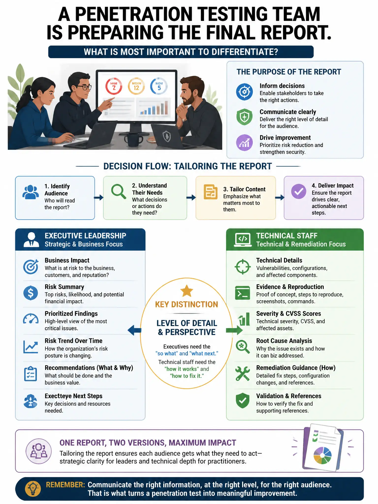 Portrait educational infographic teaching: A penetration testing team is preparing the final report. Which element is MOST important to differentiate for executive leadership versus technical staff?. Show labeled components, decision flow, and the key distinction that makes the correct answer correct. Clean modern diagram style.