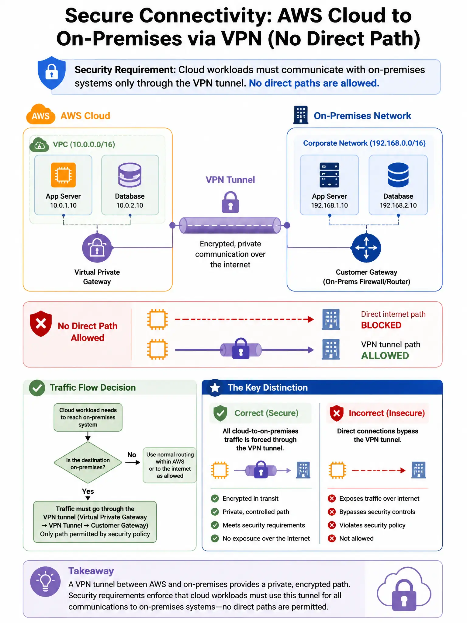 Portrait educational infographic teaching: A company's cloud-hosted workloads in AWS communicate with on-premises systems via a VPN tunnel. Security requirements mandate that cloud workloads must not have direct paths to th. Show labeled components, decision flow, and the key distinction that makes the correct answer correct. Clean modern diagram style.