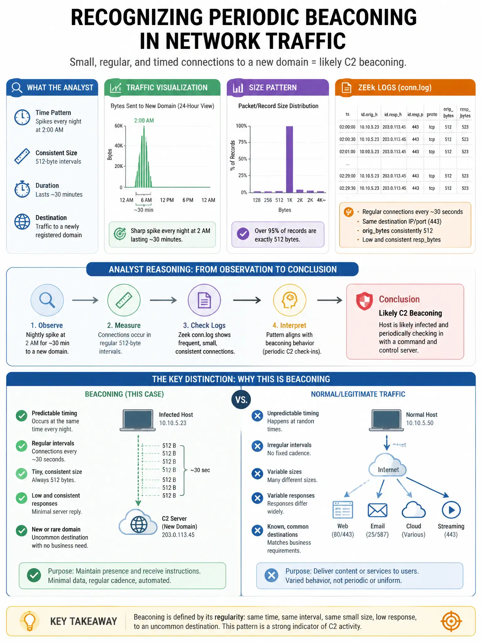 Portrait educational infographic teaching: An analyst notices that traffic from the corporate network to a newly registered domain spikes every night at 2 AM in 512-byte intervals lasting 30 minutes. Zeek logs show the conn. Show labeled components, decision flow, and the key distinction that makes the correct answer correct. Clean modern diagram style.