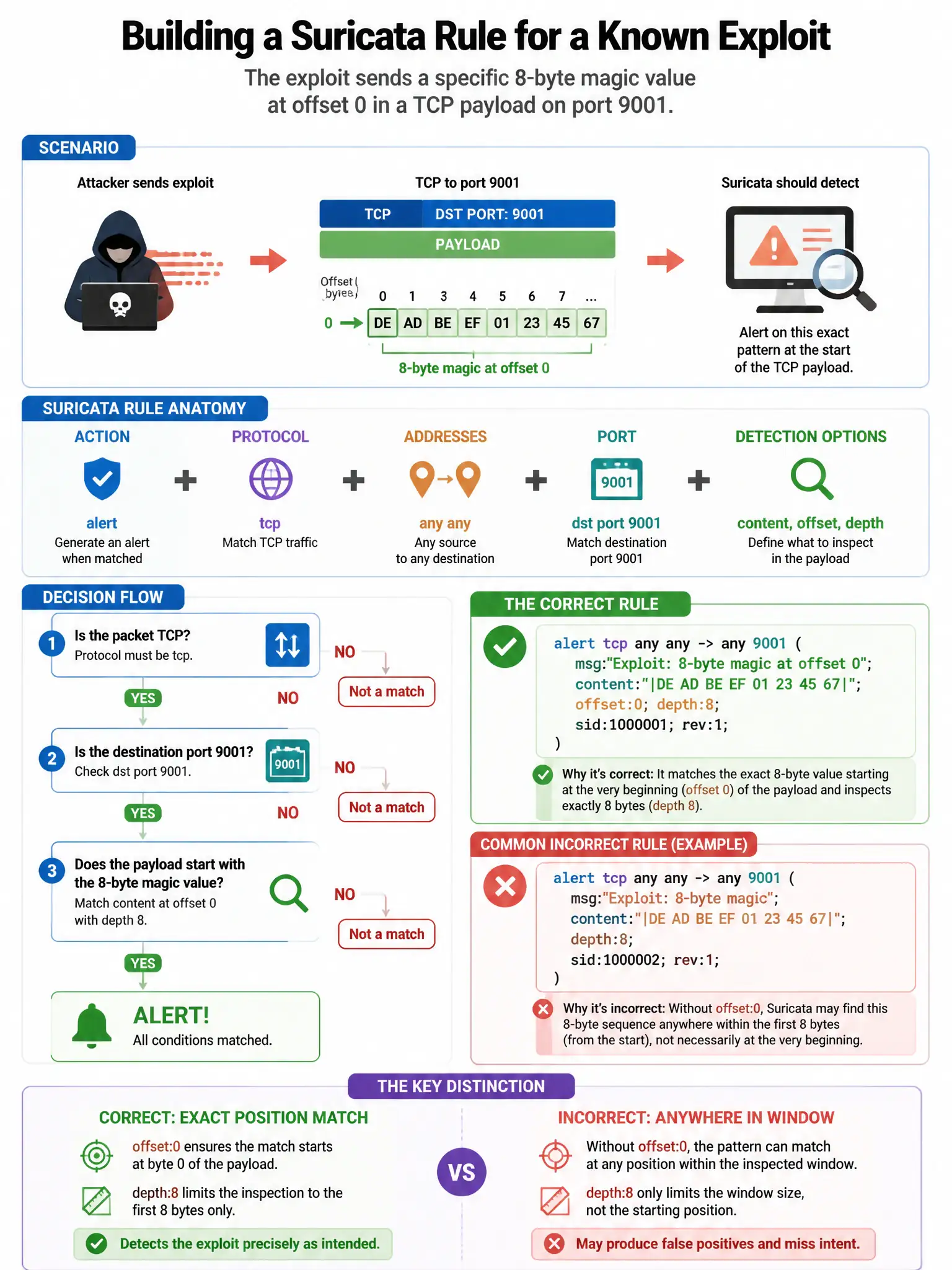 Portrait educational infographic teaching: An analyst is building a Suricata detection rule for a known exploit that sends a specific 8-byte magic value at offset 0 in a TCP payload on port 9001. Which rule syntax correctly. Show labeled components, decision flow, and the key distinction that makes the correct answer correct. Clean modern diagram style.