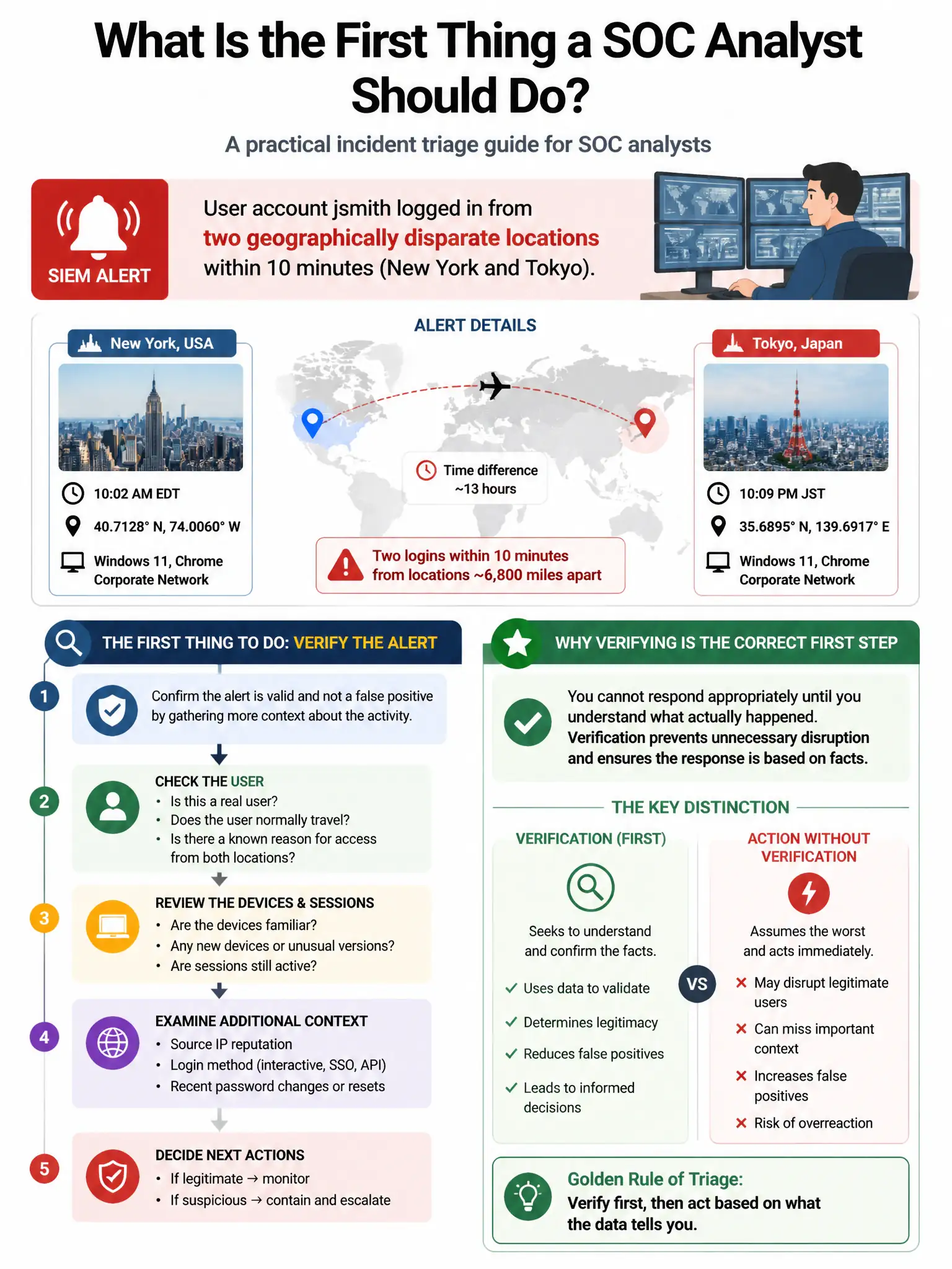 Portrait educational infographic teaching: A SOC analyst receives an alert from the SIEM: 'User account jsmith logged in from two geographically disparate locations within 10 minutes (New York and Tokyo).' What is the first. Show labeled components, decision flow, and the key distinction that makes the correct answer correct. Clean modern diagram style.