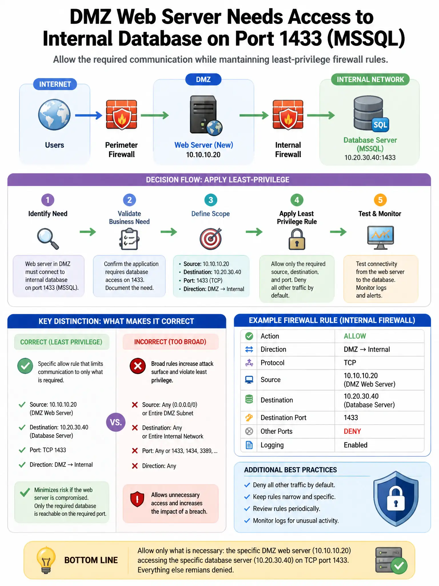 Portrait educational infographic teaching: A new DMZ web server needs to communicate with an internal database server on port 1433 (MSSQL). The security team must allow this while maintaining least-privilege firewall rules.. Show labeled components, decision flow, and the key distinction that makes the correct answer correct. Clean modern diagram style.