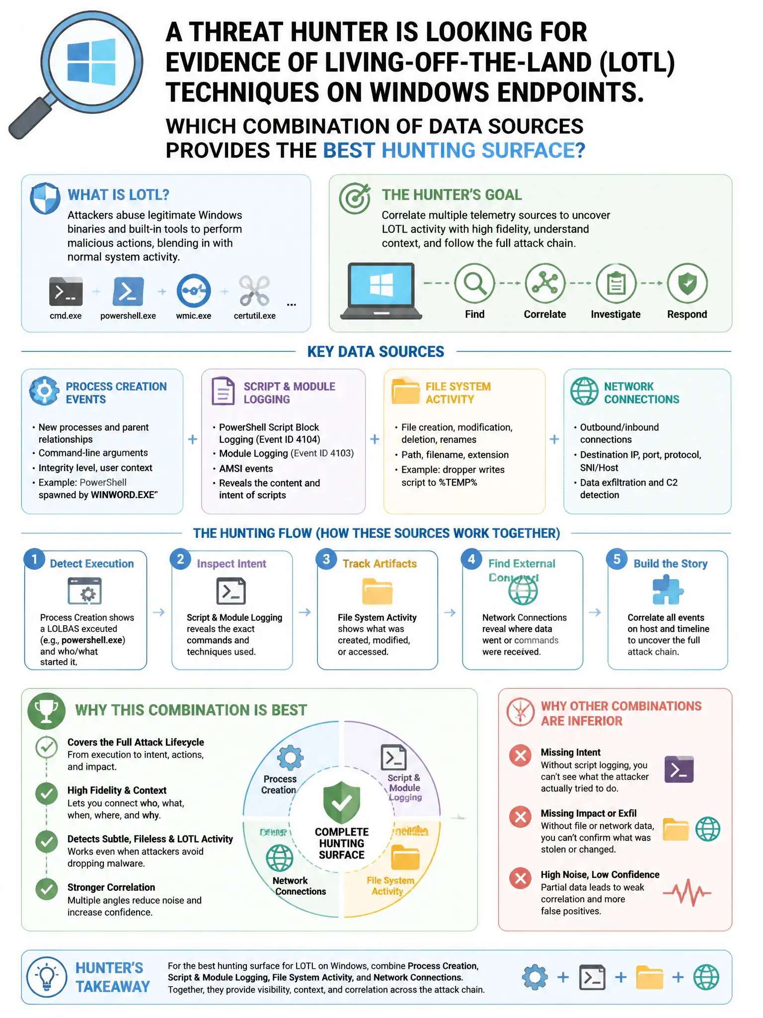 Portrait educational infographic teaching: A threat hunter is looking for evidence of living-off-the-land (LOtL) techniques on Windows endpoints. Which combination of data sources provides the best hunting surface?. Show labeled components, decision flow, and the key distinction that makes the correct answer correct. Clean modern diagram style.