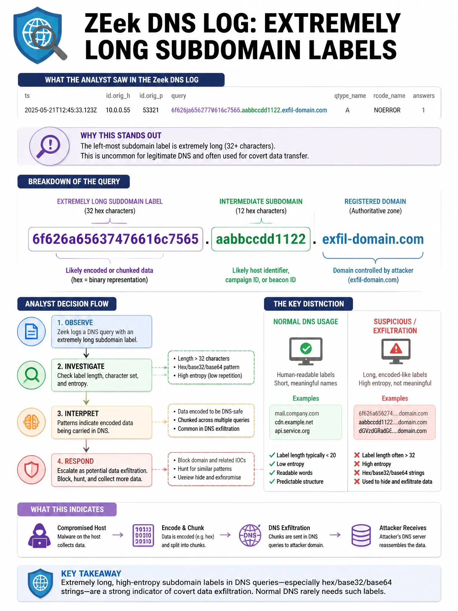 Portrait educational infographic teaching: An analyst captures a Zeek DNS log entry showing extremely long subdomain labels: '6f626a65637476616c7565.aabbccdd1122.exfil-domain.com'. What does this indicate and what is the re. Show labeled components, decision flow, and the key distinction that makes the correct answer correct. Clean modern diagram style.