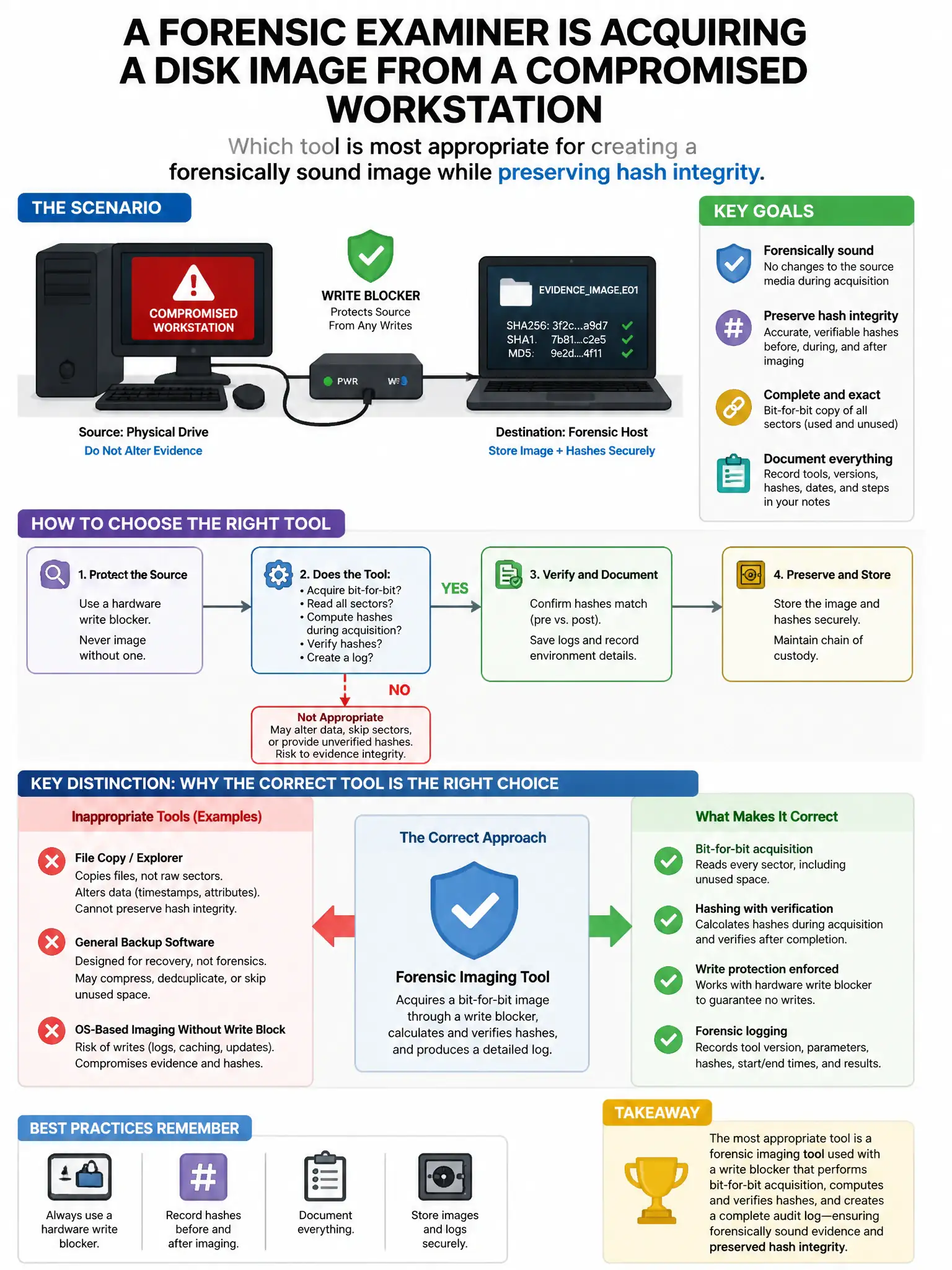 Portrait educational infographic teaching: A forensic examiner is acquiring a disk image from a compromised workstation. Which tool is most appropriate for creating a forensically sound image while preserving hash integrity. Show labeled components, decision flow, and the key distinction that makes the correct answer correct. Clean modern diagram style.