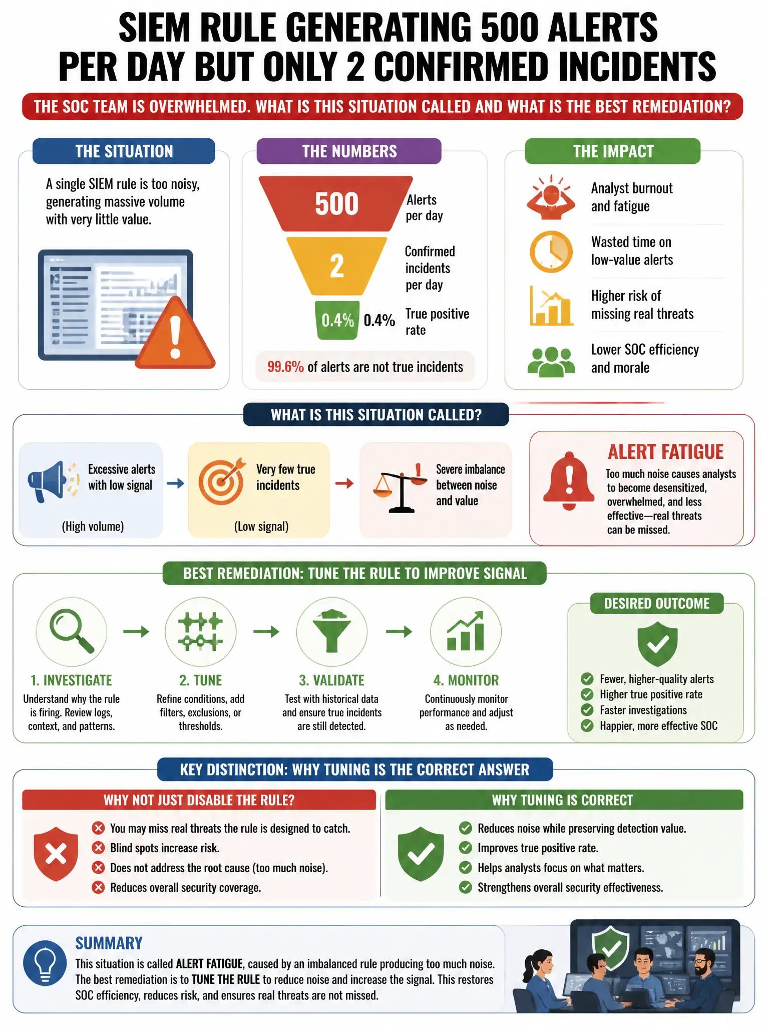 Portrait educational infographic teaching: A SIEM rule is generating 500 alerts per day but only 2 are confirmed incidents. The SOC team is overwhelmed. What is this situation called and what is the best remediation?. Show labeled components, decision flow, and the key distinction that makes the correct answer correct. Clean modern diagram style.