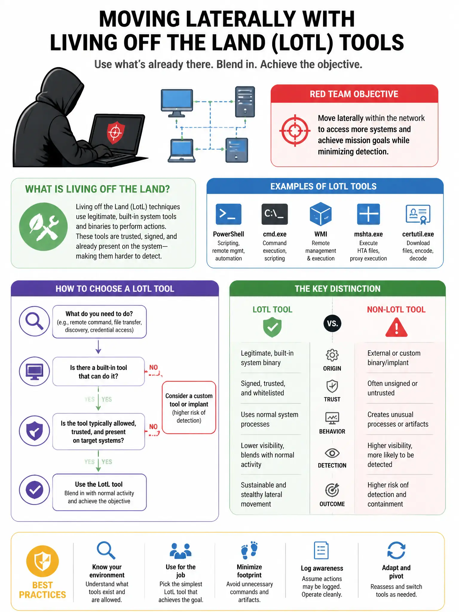 Portrait educational infographic teaching: A penetration tester is conducting a red team engagement and wants to move laterally using 'Living off the Land' (LotL) techniques. Which tool is most consistent with a LotL approa. Show labeled components, decision flow, and the key distinction that makes the correct answer correct. Clean modern diagram style.