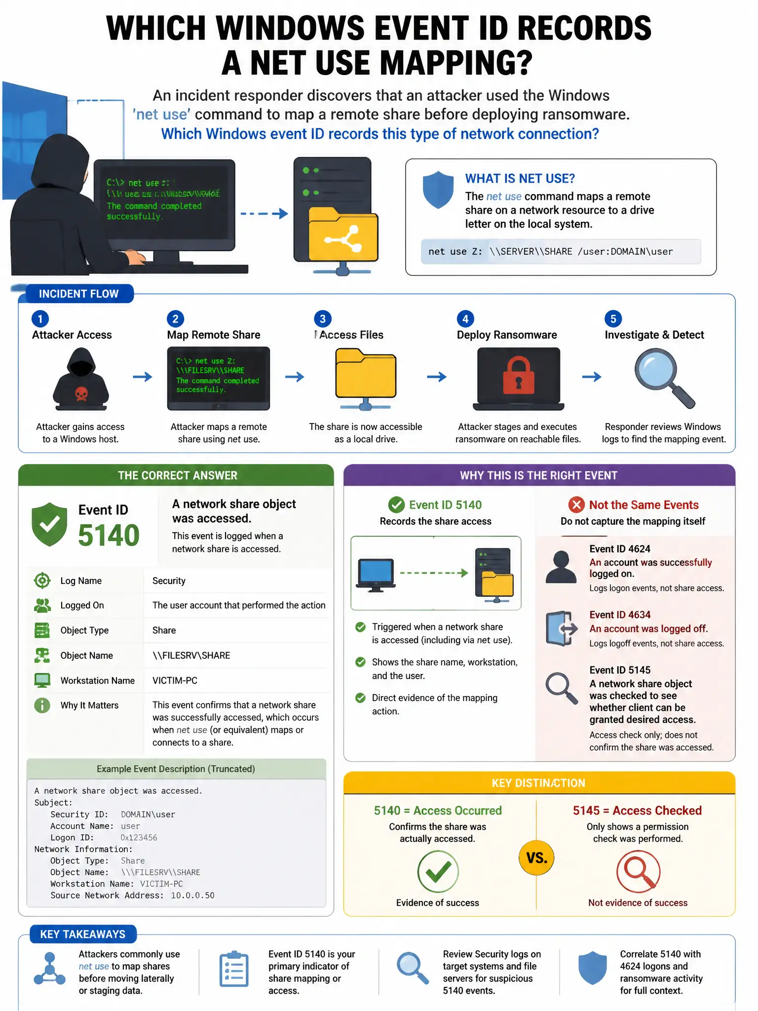 Portrait educational infographic teaching: An incident responder discovers that an attacker used the Windows 'net use' command to map a remote share before deploying ransomware. Which Windows event ID records this type of n. Show labeled components, decision flow, and the key distinction that makes the correct answer correct. Clean modern diagram style.