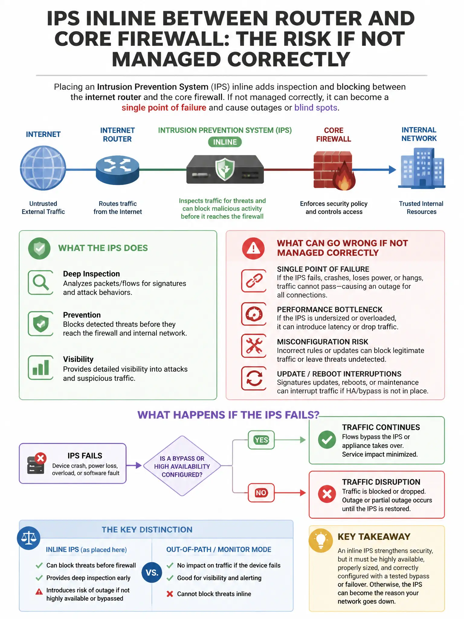 Portrait educational infographic teaching: An organization uses an intrusion prevention system (IPS) inline between the internet router and the core firewall. What risk does this introduce if not managed correctly?. Show labeled components, decision flow, and the key distinction that makes the correct answer correct. Clean modern diagram style.