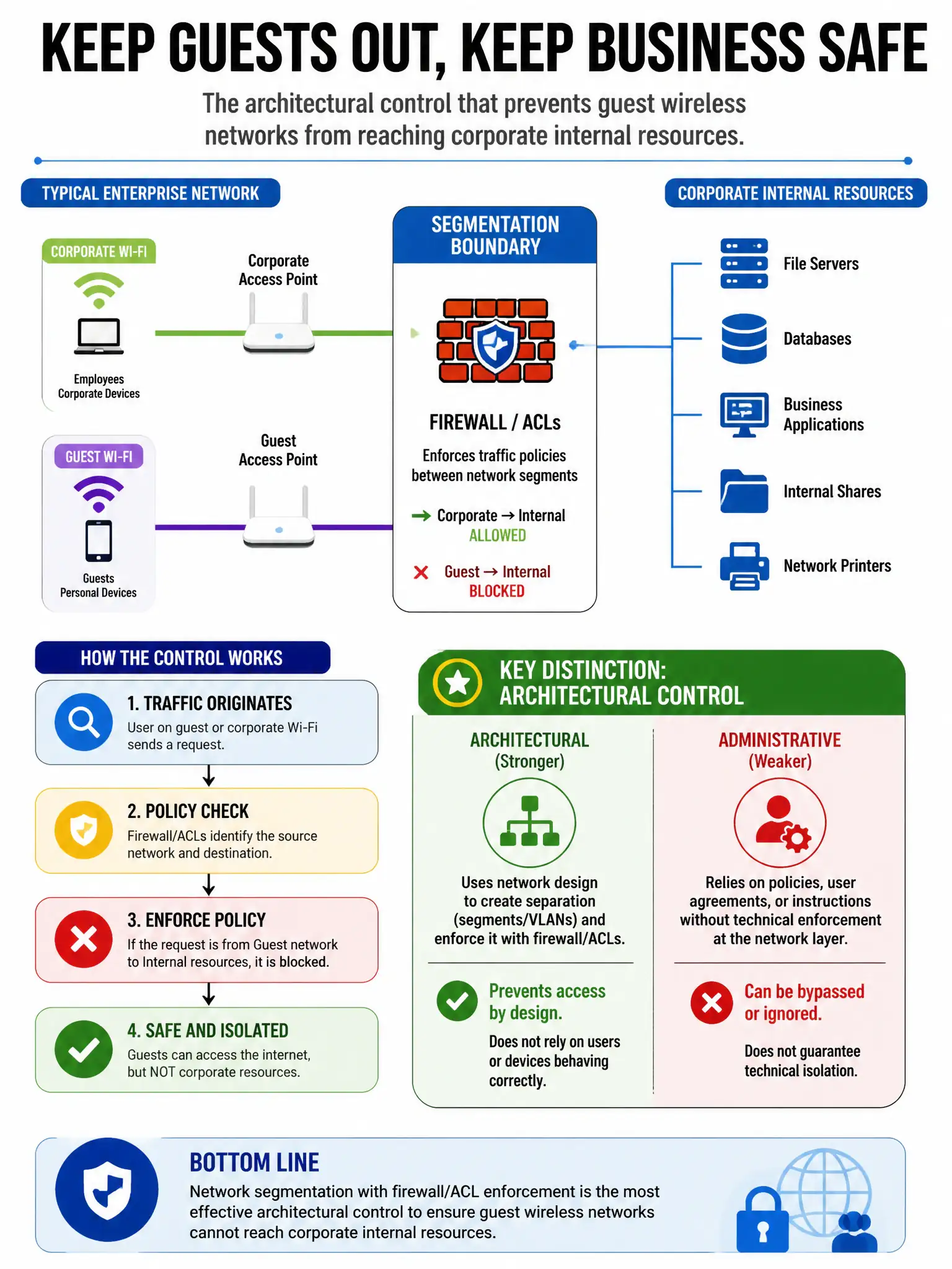 Portrait educational infographic teaching: A company wants to ensure that wireless guest networks cannot reach corporate internal resources. Which architectural control achieves this most effectively?. Show labeled components, decision flow, and the key distinction that makes the correct answer correct. Clean modern diagram style.