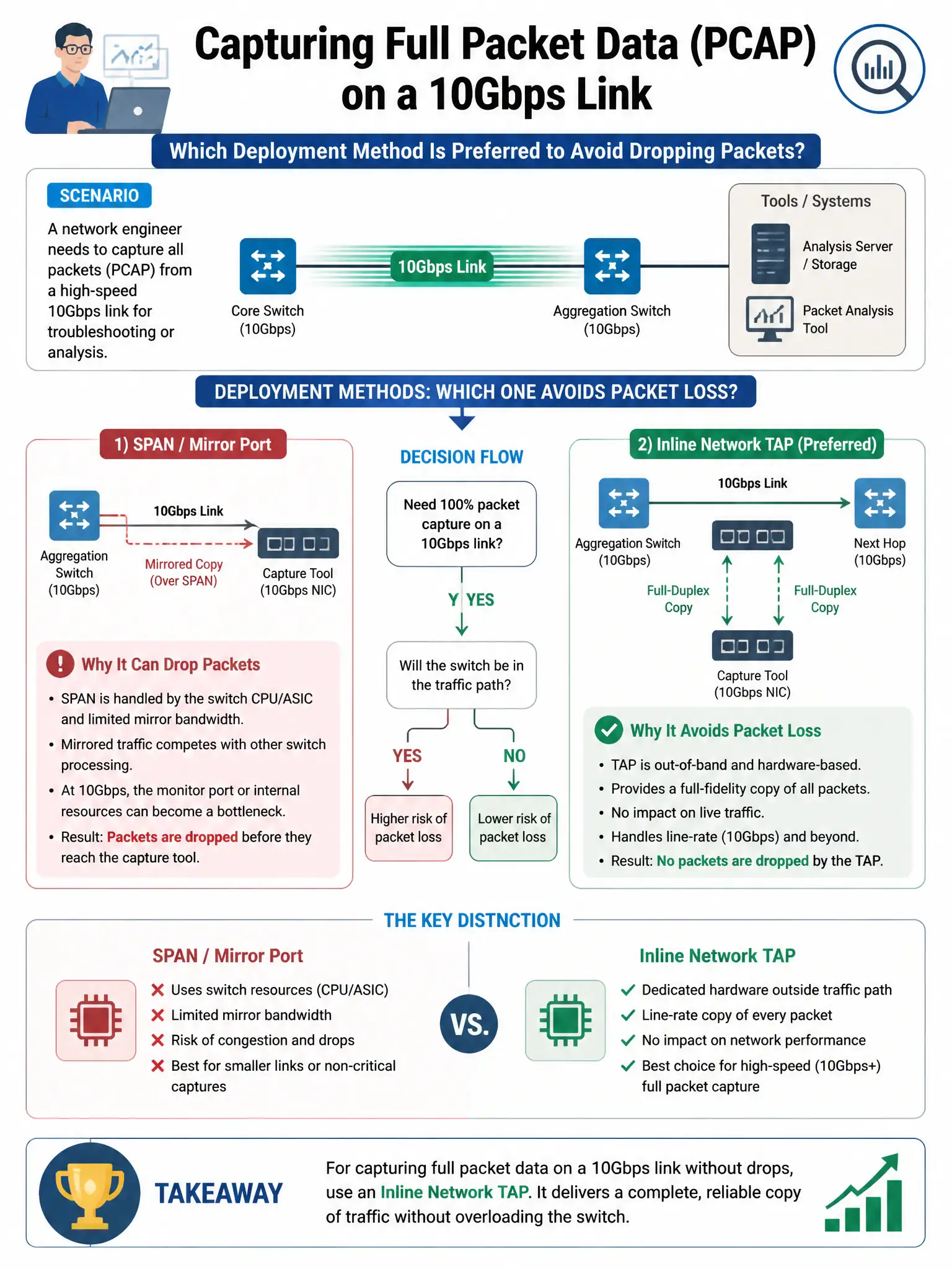 Portrait educational infographic teaching: A network engineer wants to capture full packet data (PCAP) from a high-speed 10Gbps link. Which deployment method is preferred to avoid dropping packets?. Show labeled components, decision flow, and the key distinction that makes the correct answer correct. Clean modern diagram style.