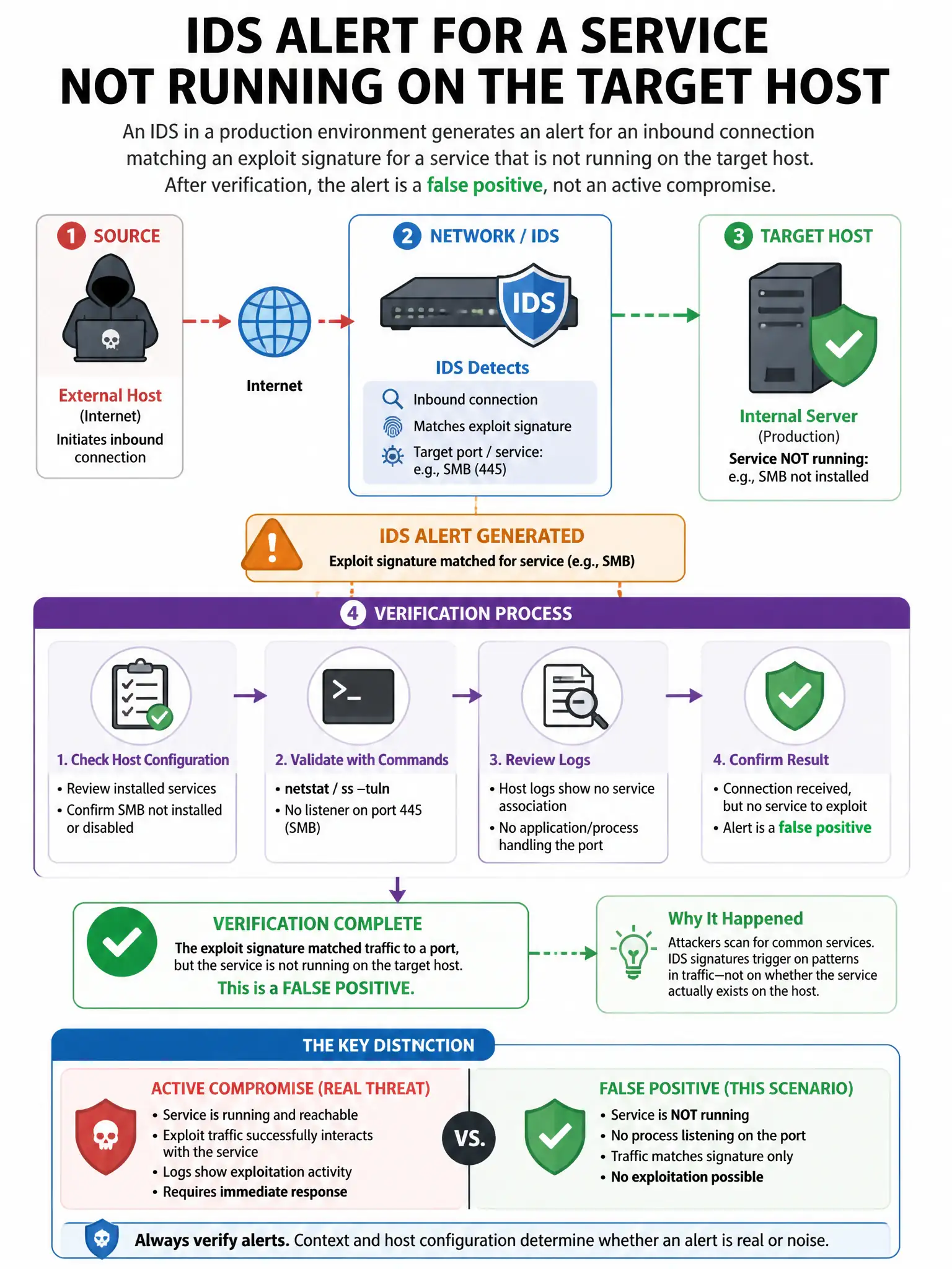 Portrait educational infographic teaching: An IDS in a production environment generates an alert for an inbound connection matching an exploit signature for a service that is not running on the target host. After verificati. Show labeled components, decision flow, and the key distinction that makes the correct answer correct. Clean modern diagram style.