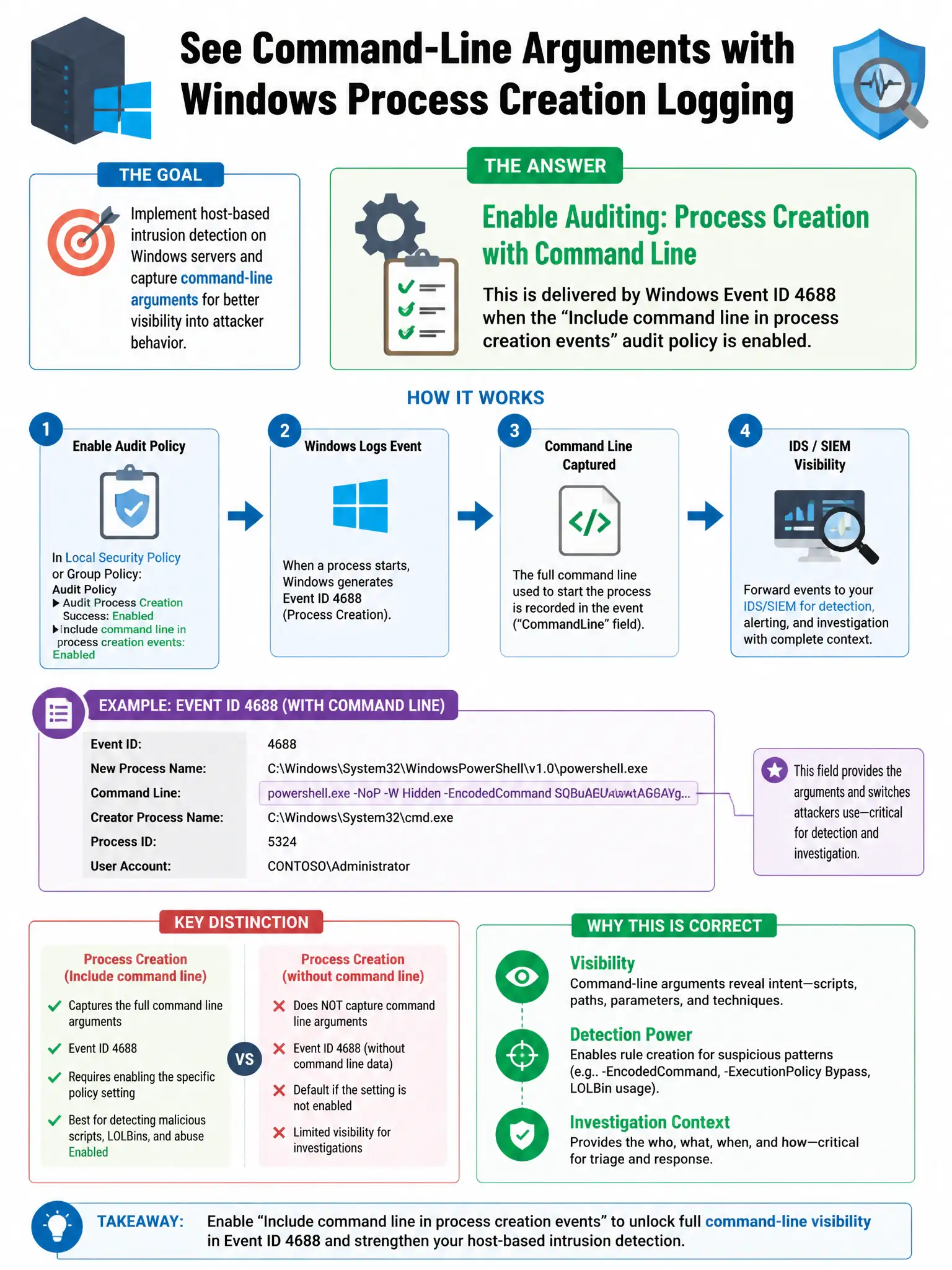 Portrait educational infographic teaching: An organization wants to implement host-based intrusion detection on Windows servers. Which Windows logging capability, when enabled, provides visibility into command-line argument. Show labeled components, decision flow, and the key distinction that makes the correct answer correct. Clean modern diagram style.