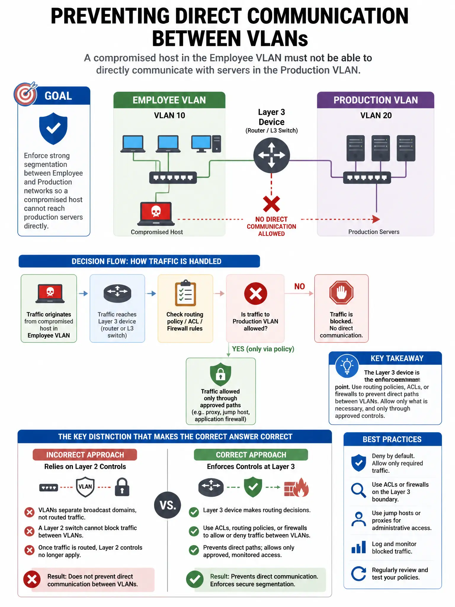 Portrait educational infographic teaching: A network security engineer is designing a network where a compromised host in the employee VLAN should not be able to directly communicate with servers in the production VLAN. Whi. Show labeled components, decision flow, and the key distinction that makes the correct answer correct. Clean modern diagram style.