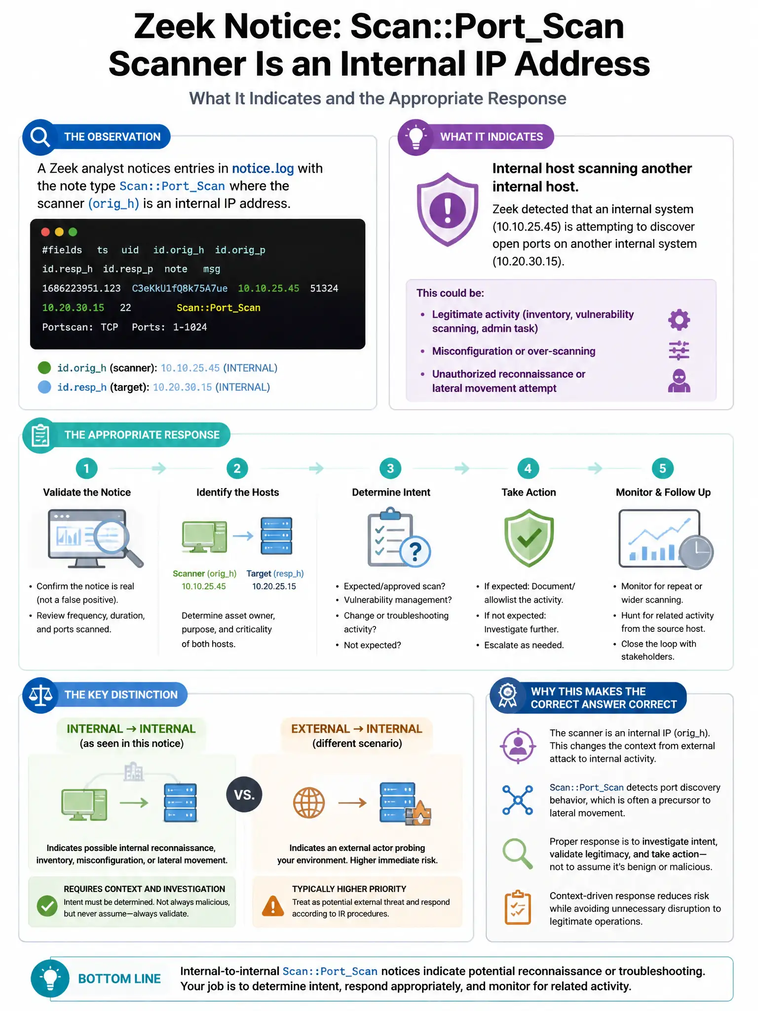 Portrait educational infographic teaching: A Zeek analyst notices entries in notice.log with the note type Scan::PortScan pointing to an internal IP address as the scanner. What does this indicate and what is the appropr. Show labeled components, decision flow, and the key distinction that makes the correct answer correct. Clean modern diagram style.