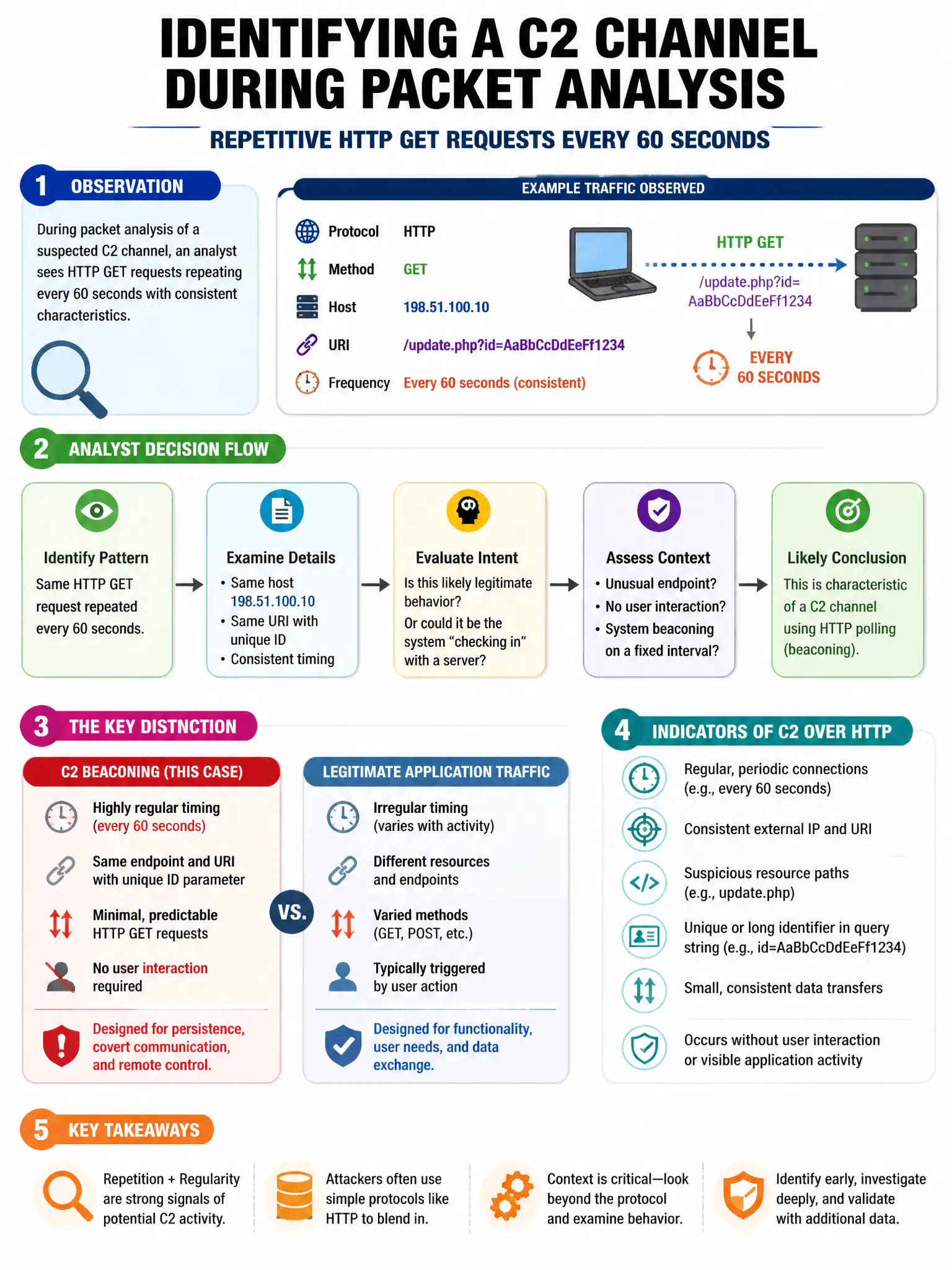 Portrait educational infographic teaching: During packet analysis of a suspected C2 channel, an analyst sees HTTP GET requests to 'http://198.51.100.10/update.php?id=AaBbCcDdEeFf1234' repeating every 60 seconds with consist. Show labeled components, decision flow, and the key distinction that makes the correct answer correct. Clean modern diagram style.