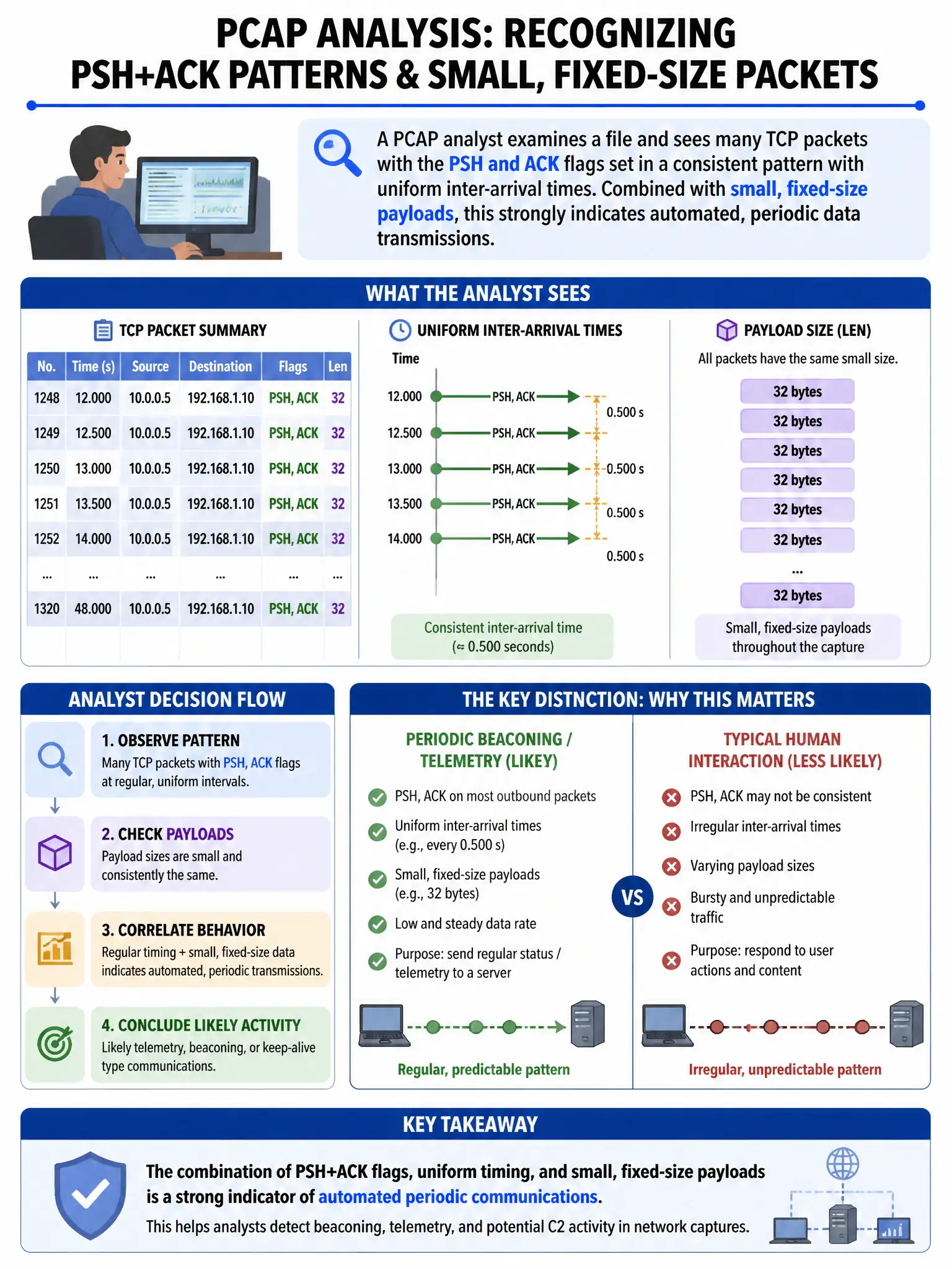 Portrait educational infographic teaching: A PCAP analyst examines a file and sees many TCP packets with the PSH and ACK flags set in a consistent pattern with uniform inter-arrival times. Combined with small, fixed-size pa. Show labeled components, decision flow, and the key distinction that makes the correct answer correct. Clean modern diagram style.