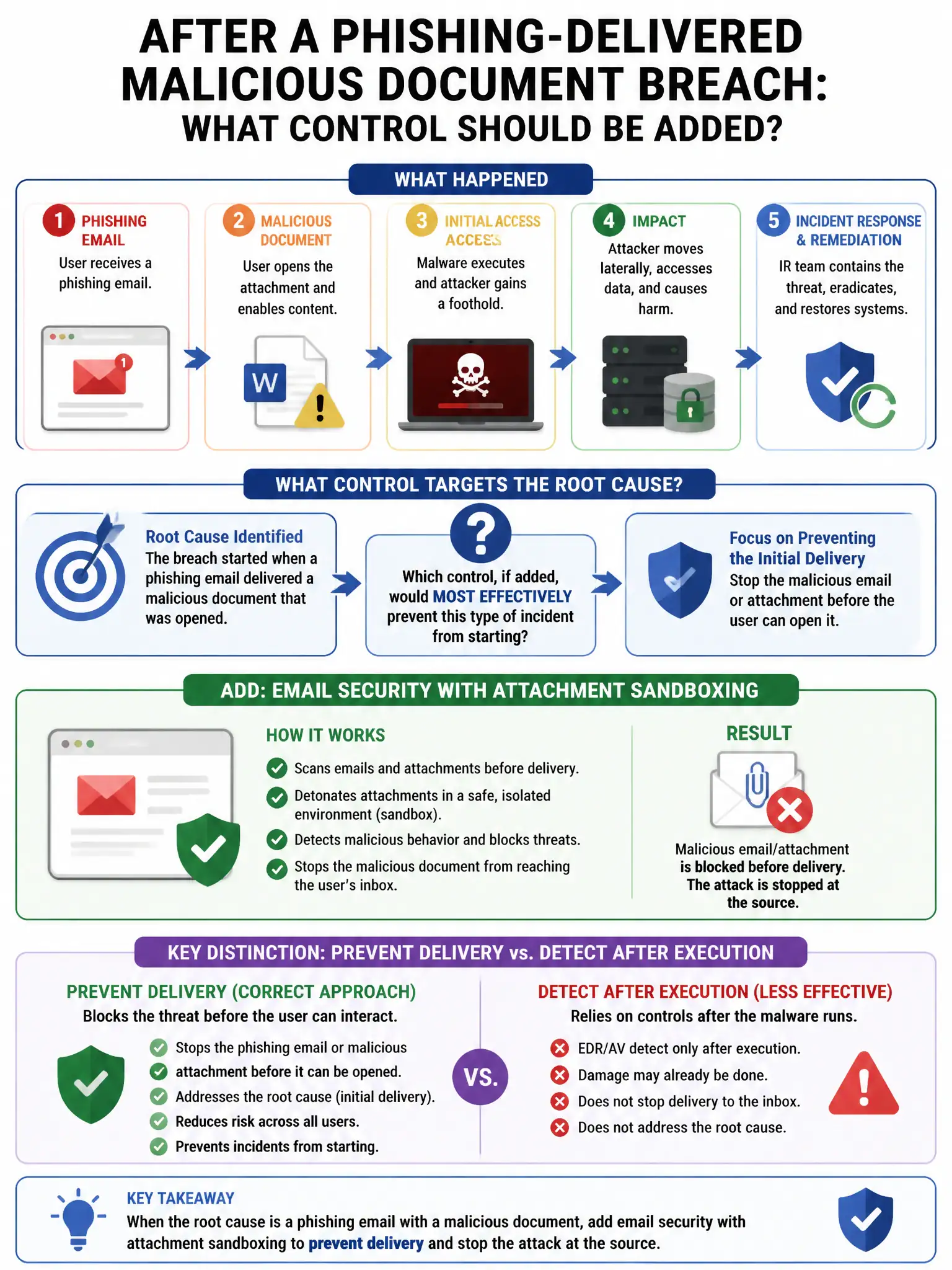 Portrait educational infographic teaching: An incident response team determines that the root cause of a breach was a phishing email that delivered a malicious document. After remediation, what specific control should be ad. Show labeled components, decision flow, and the key distinction that makes the correct answer correct. Clean modern diagram style.
