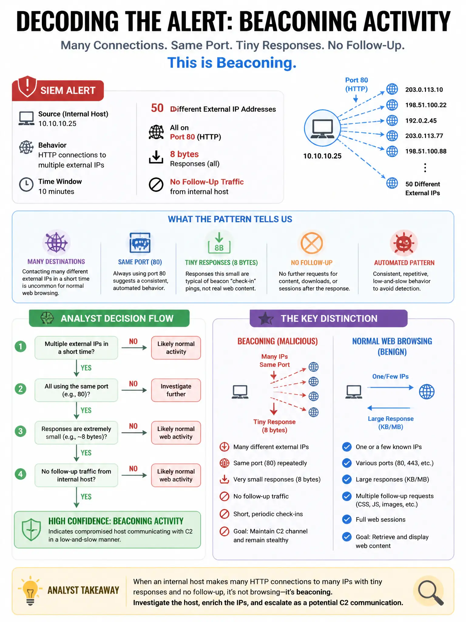 Portrait educational infographic teaching: A SOC analyst observes a SIEM alert for an internal host making HTTP connections to 50 different external IP addresses in 10 minutes, all on port 80, with 8-byte responses and no f. Show labeled components, decision flow, and the key distinction that makes the correct answer correct. Clean modern diagram style.