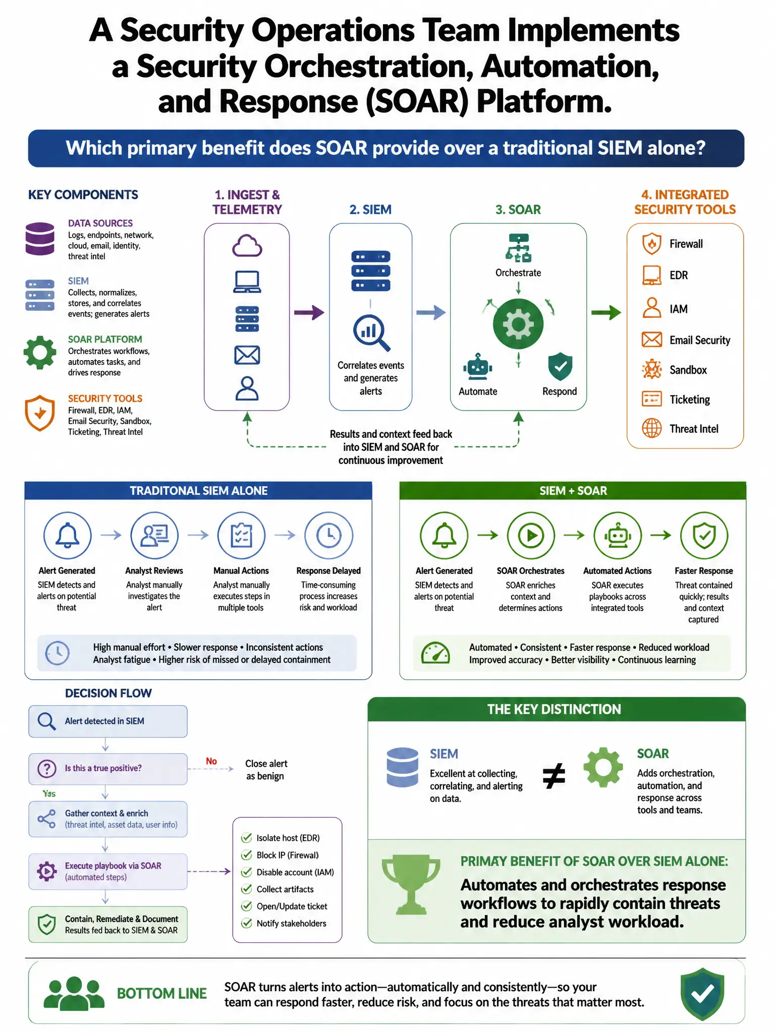 Portrait educational infographic teaching: A security operations team implements a security orchestration, automation, and response (SOAR) platform. Which primary benefit does SOAR provide over a traditional SIEM alone?. Show labeled components, decision flow, and the key distinction that makes the correct answer correct. Clean modern diagram style.