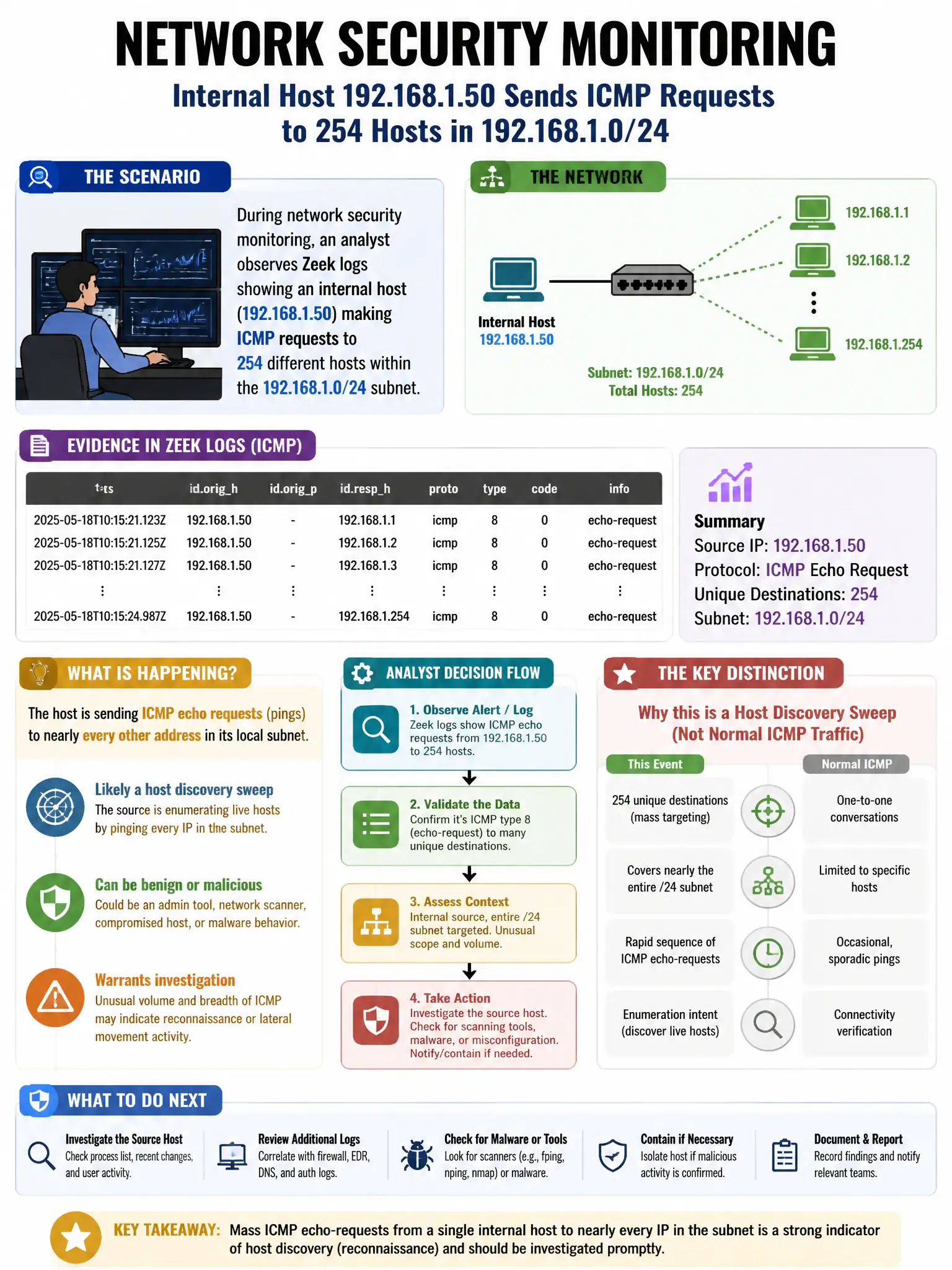 Portrait educational infographic teaching: During network security monitoring, an analyst observes Zeek logs showing an internal host (192.168.1.50) making ICMP requests to 254 different hosts within the 192.168.1.0/24 subn. Show labeled components, decision flow, and the key distinction that makes the correct answer correct. Clean modern diagram style.