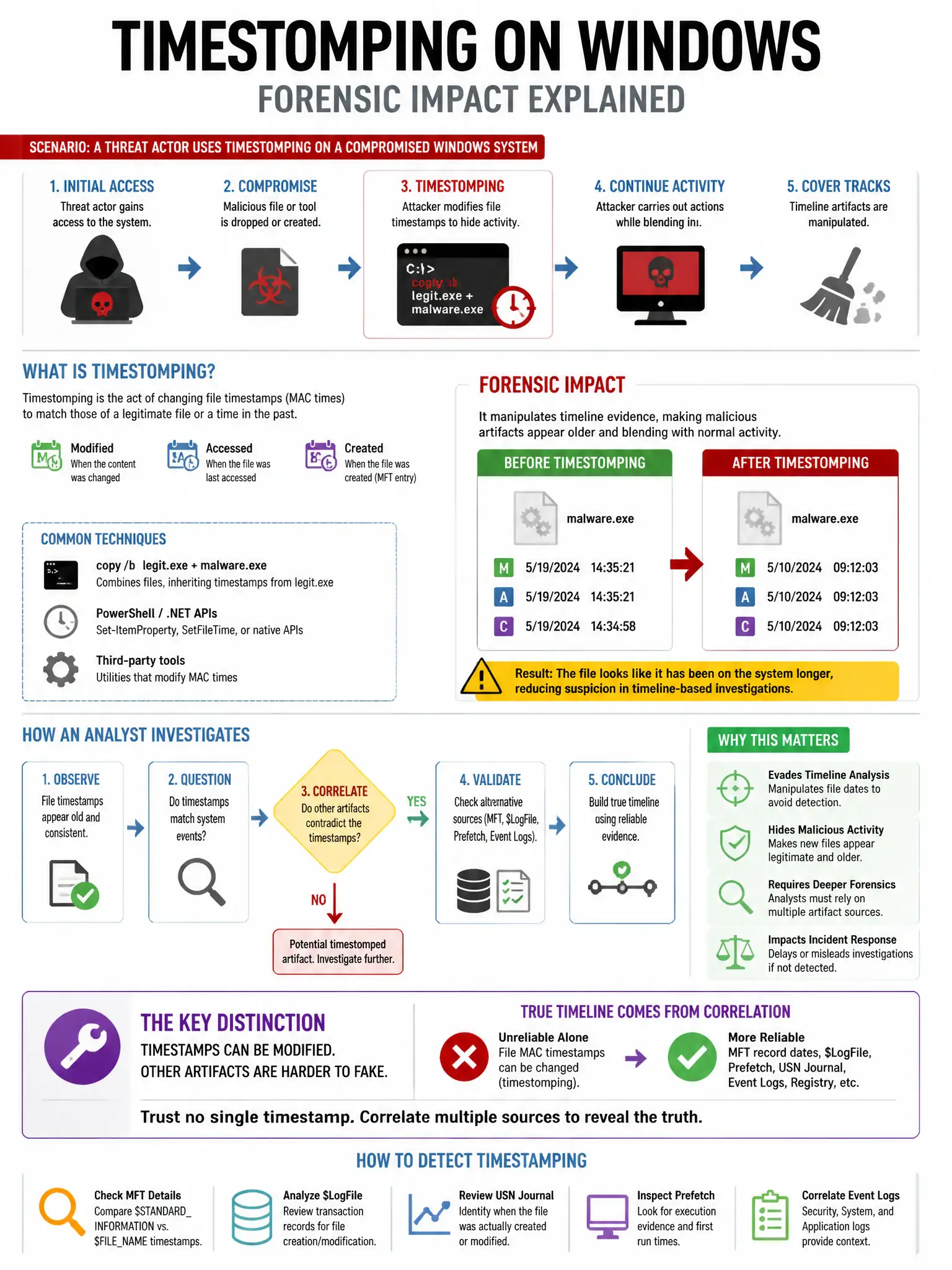 Portrait educational infographic teaching: A threat actor uses 'timestomping' on a compromised Windows system. What forensic impact does this technique have?. Show labeled components, decision flow, and the key distinction that makes the correct answer correct. Clean modern diagram style.