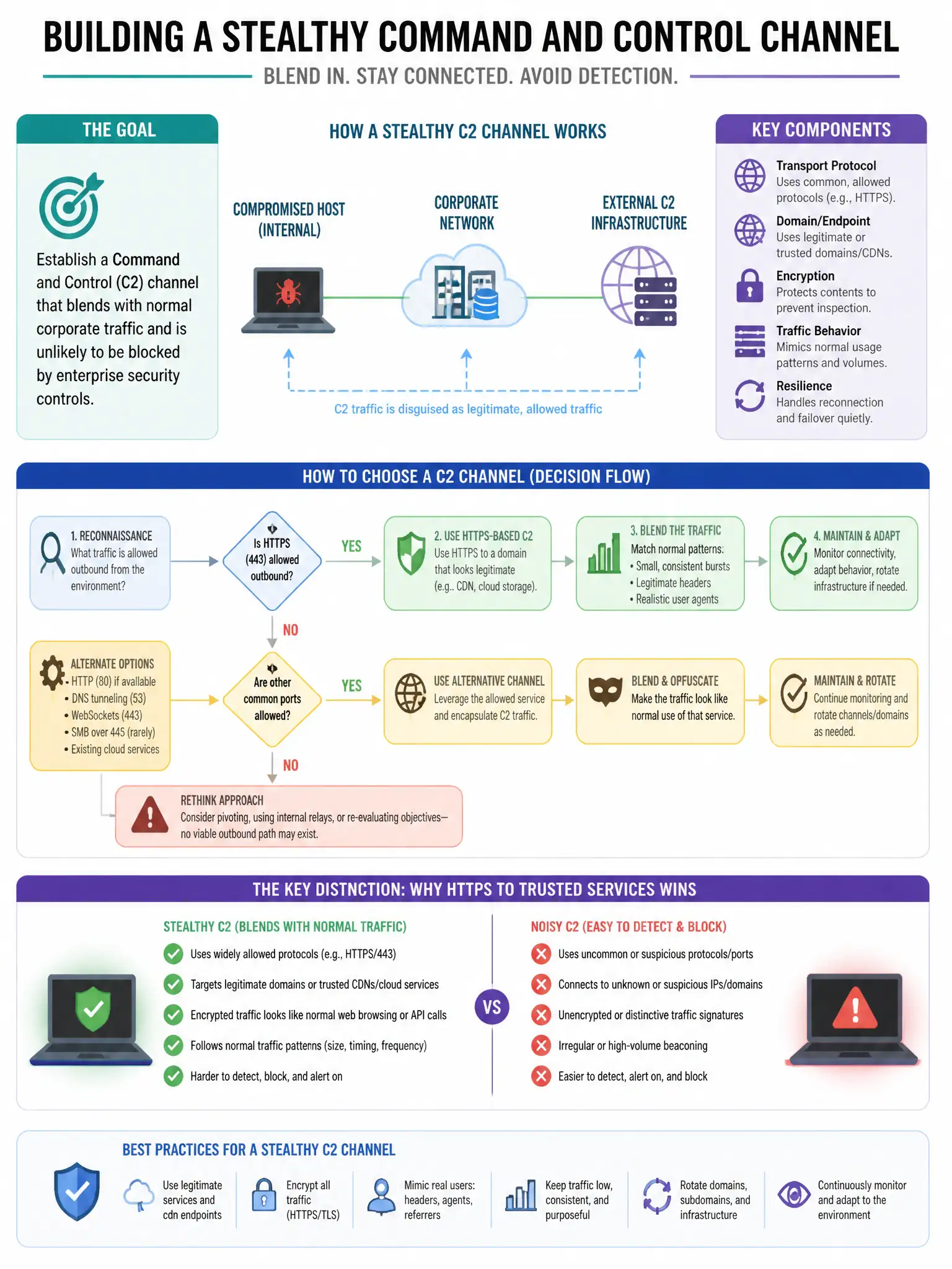 Portrait educational infographic teaching: A penetration tester wants to establish a Command and Control channel that blends with normal corporate traffic and is unlikely to be blocked by enterprise security controls. Which. Show labeled components, decision flow, and the key distinction that makes the correct answer correct. Clean modern diagram style.