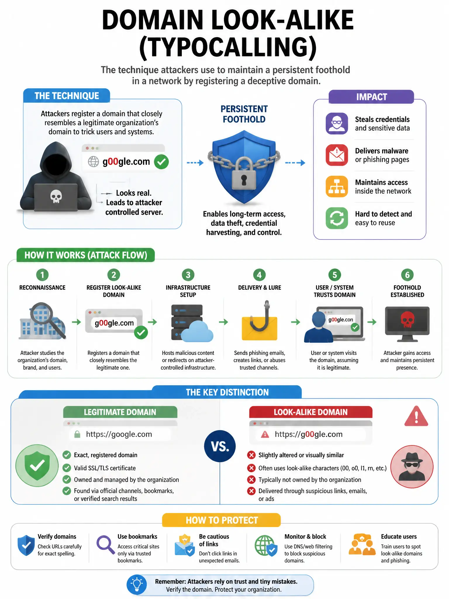 Portrait educational infographic teaching: Which technique does an attacker use to maintain a persistent foothold in a network by registering a domain that closely resembles a legitimate organization's domain (e.g., 'g00gle. Show labeled components, decision flow, and the key distinction that makes the correct answer correct. Clean modern diagram style.