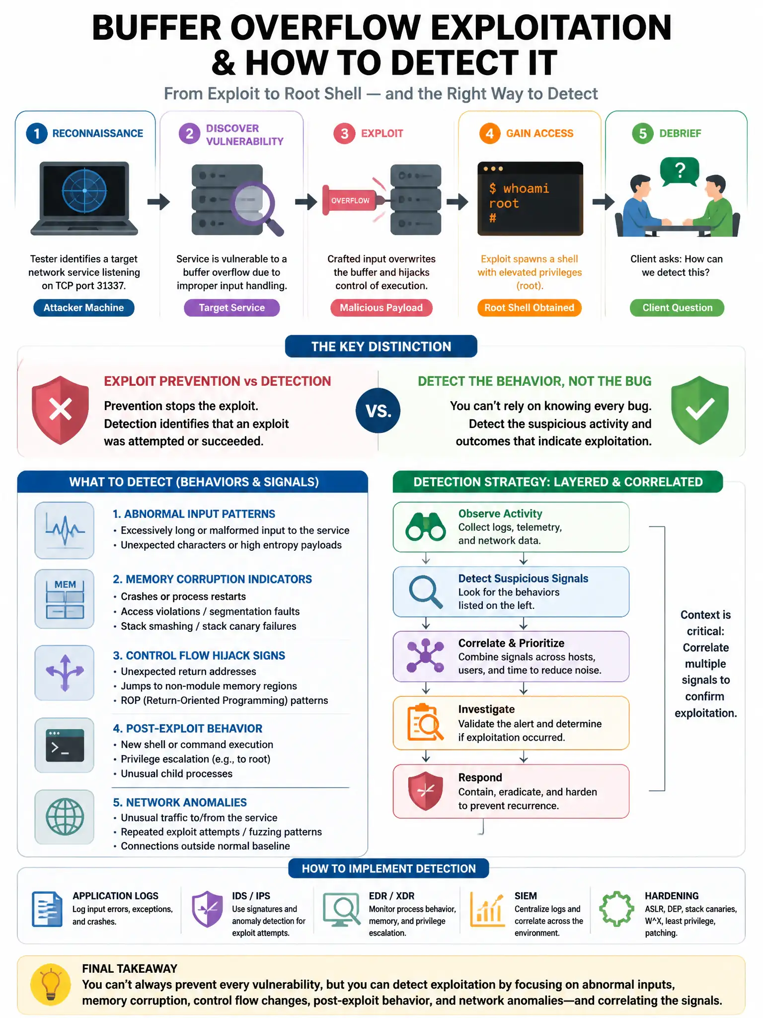Portrait educational infographic teaching: A penetration tester successfully exploits a buffer overflow vulnerability in a network service and obtains a root shell. During the debrief, the client asks how they can detect th. Show labeled components, decision flow, and the key distinction that makes the correct answer correct. Clean modern diagram style.