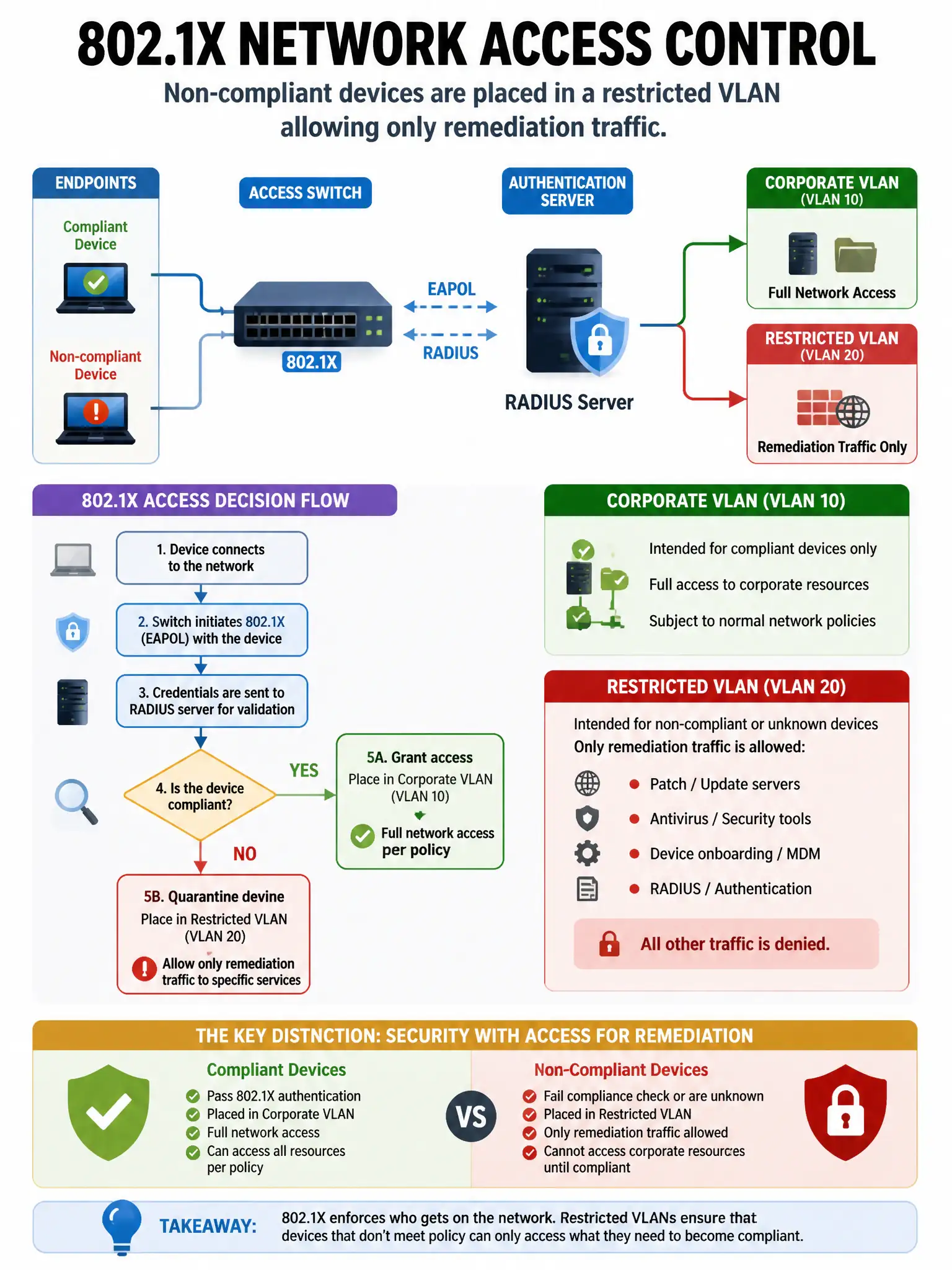 Portrait educational infographic teaching: A security engineer is implementing network access control using 802.1X. When a non-compliant device connects, it should be placed in a restricted VLAN allowing only remediation tr. Show labeled components, decision flow, and the key distinction that makes the correct answer correct. Clean modern diagram style.