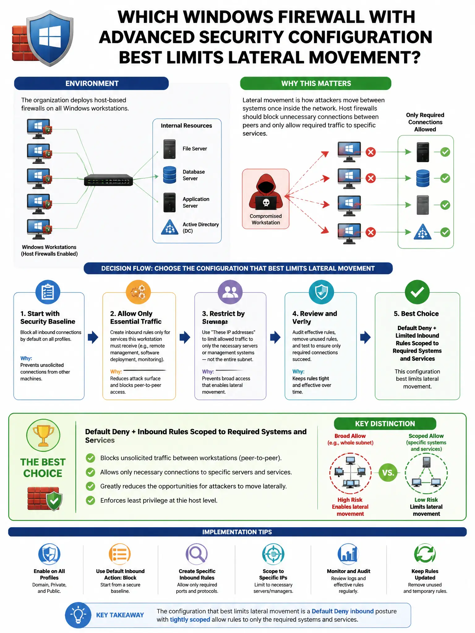 Portrait educational infographic teaching: An organization deploys host-based firewalls on all Windows workstations. Which Windows Firewall with Advanced Security configuration best limits lateral movement?. Show labeled components, decision flow, and the key distinction that makes the correct answer correct. Clean modern diagram style.