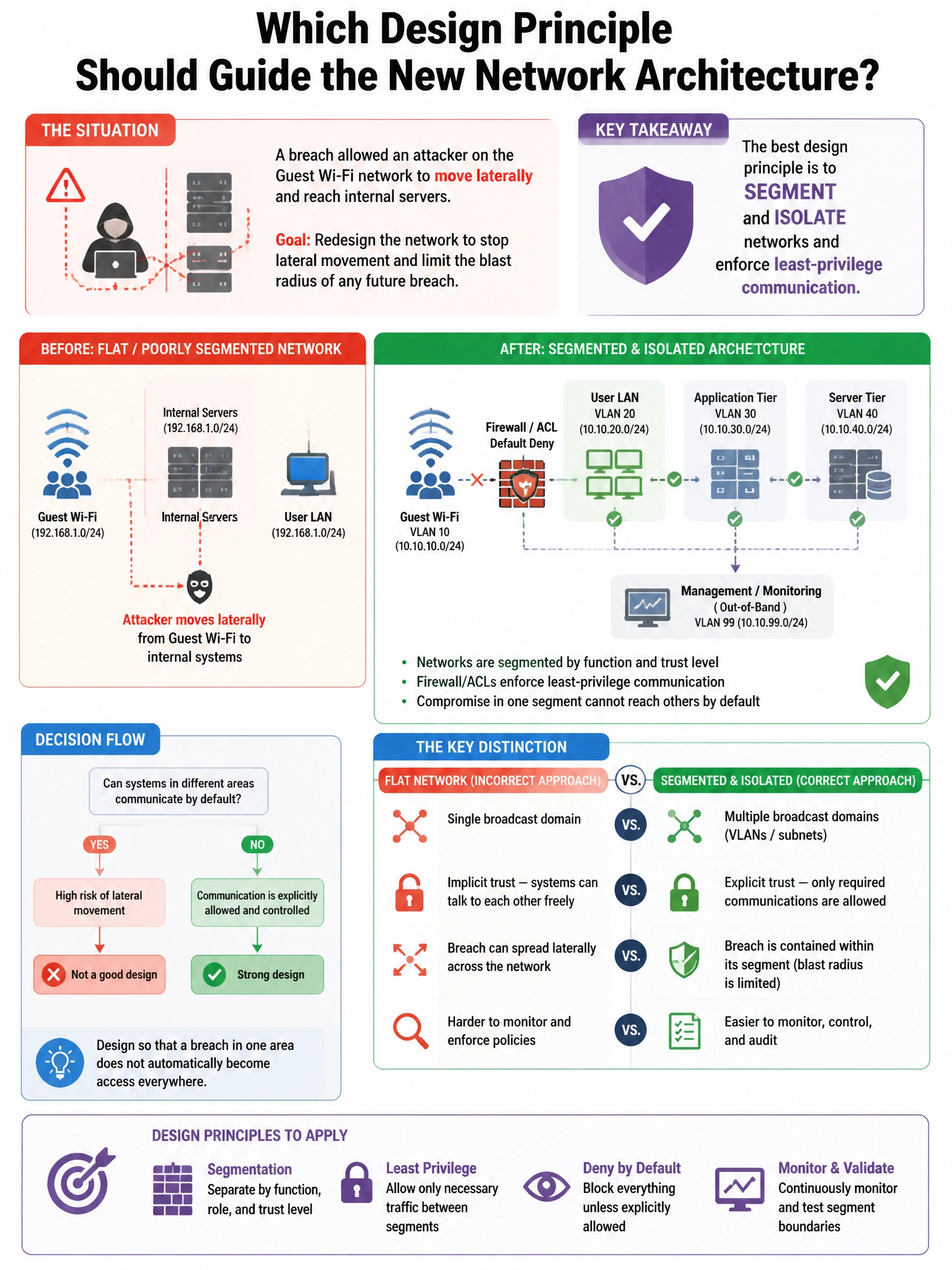 Portrait educational infographic teaching: Your organization is redesigning its network architecture after a breach that allowed lateral movement from the guest Wi-Fi network to internal servers. Which design principle most. Show labeled components, decision flow, and the key distinction that makes the correct answer correct. Clean modern diagram style.