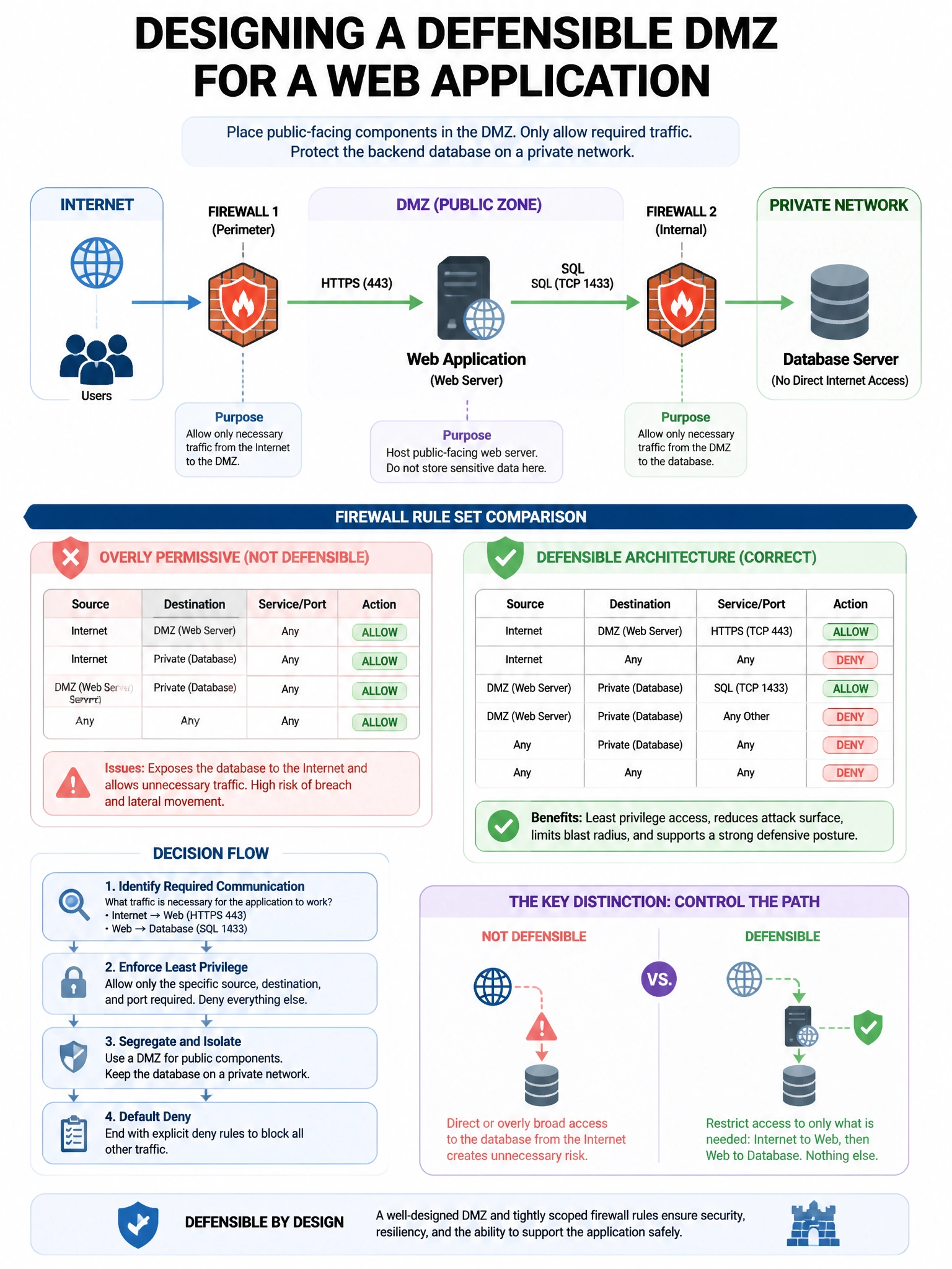 Portrait educational infographic teaching: A security architect is designing a DMZ for a web application that must communicate with a backend database. Which firewall rule set best represents defensible architecture?. Show labeled components, decision flow, and the key distinction that makes the correct answer correct. Clean modern diagram style.