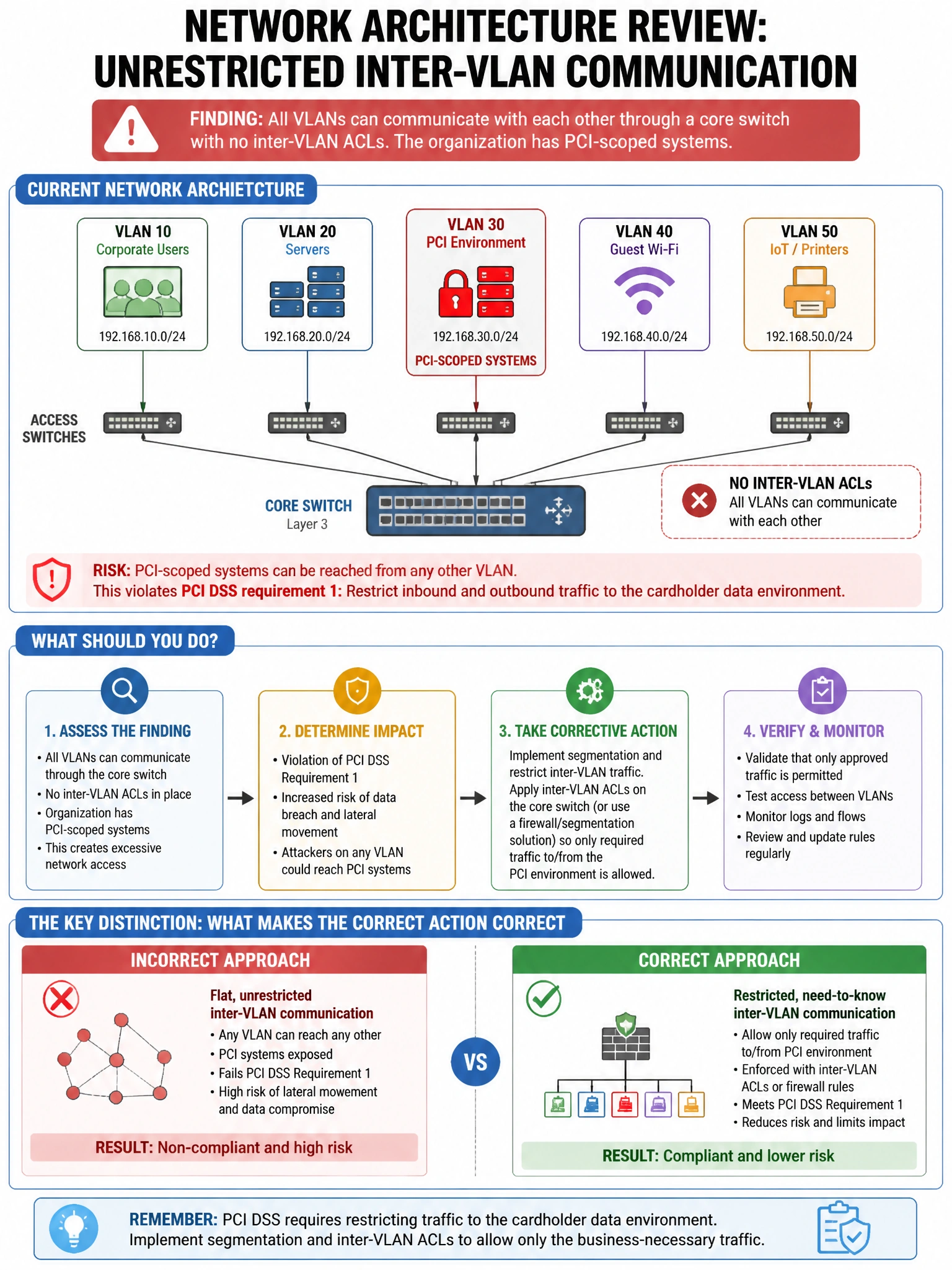 Portrait educational infographic teaching: During a network architecture review, you find that all VLANs can communicate with each other through a core switch with no inter-VLAN ACLs. The organization has PCI-scoped systems. Show labeled components, decision flow, and the key distinction that makes the correct answer correct. Clean modern diagram style.