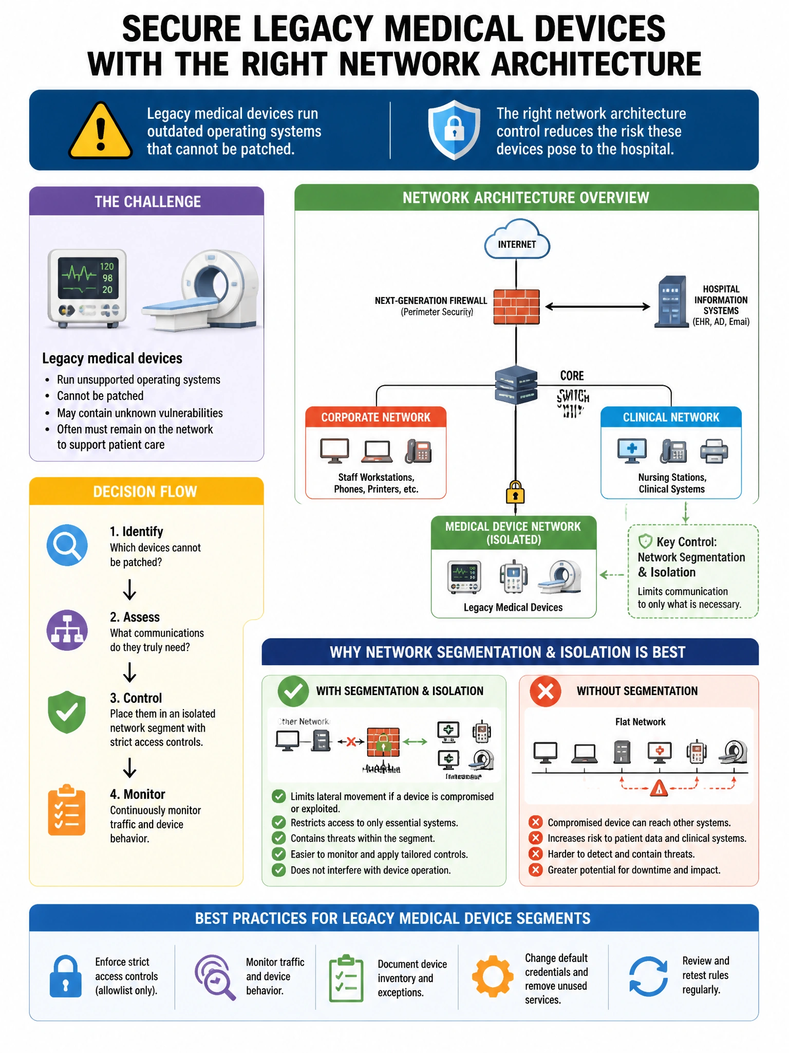Portrait educational infographic teaching: A hospital network has medical devices running legacy operating systems that cannot be patched. Which network architecture control BEST reduces the risk these devices pose?. Show labeled components, decision flow, and the key distinction that makes the correct answer correct. Clean modern diagram style.