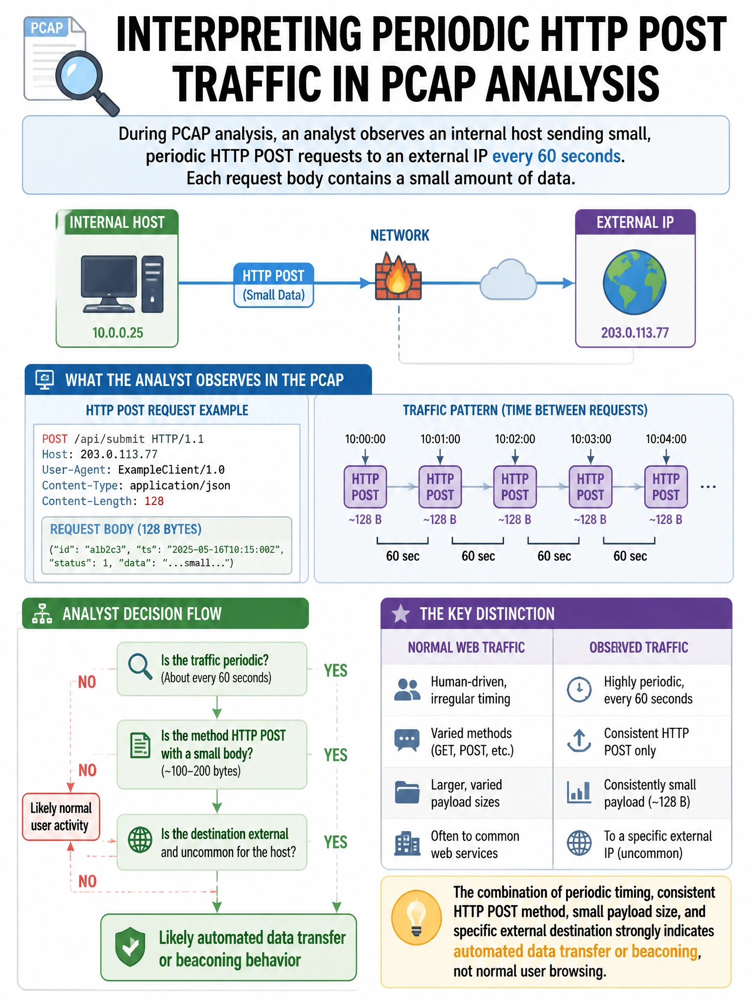 Portrait educational infographic teaching: During PCAP analysis, an analyst observes an internal host sending small, periodic HTTP POST requests to an external IP every 60 seconds. Each request body contains a small amount . Show labeled components, decision flow, and the key distinction that makes the correct answer correct. Clean modern diagram style.