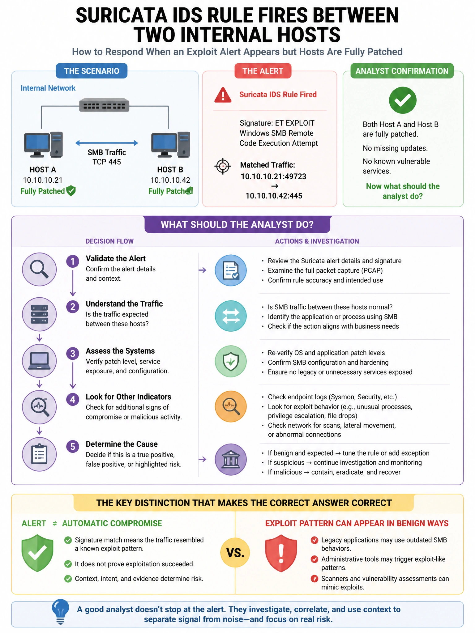 Portrait educational infographic teaching: A Suricata IDS rule fires on traffic between two internal hosts. The signature matches a known SMB exploit. The analyst confirms both hosts are fully patched. What should the analy. Show labeled components, decision flow, and the key distinction that makes the correct answer correct. Clean modern diagram style.