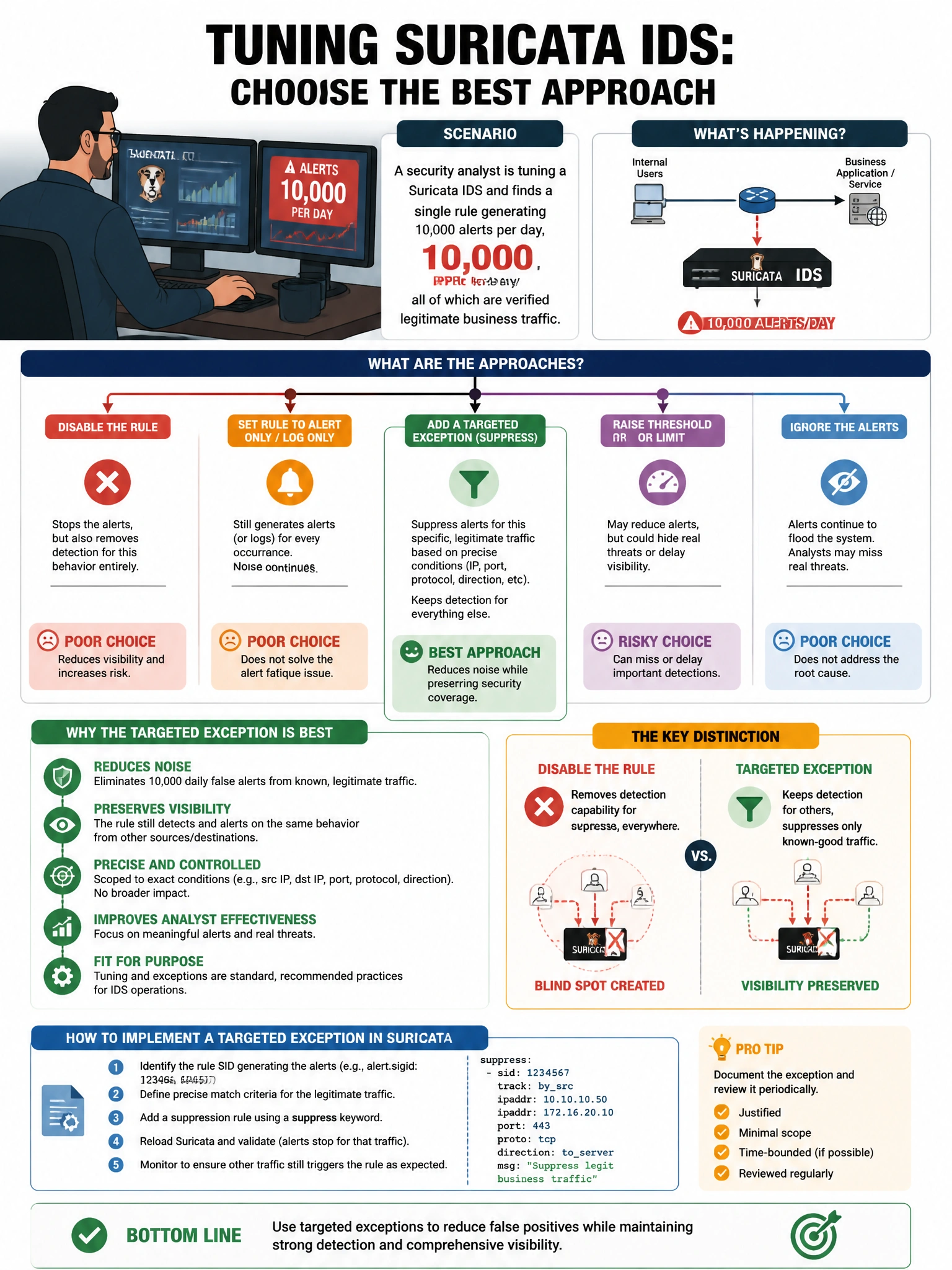 Portrait educational infographic teaching: A security analyst is tuning a Suricata IDS and finds a single rule generating 10,000 alerts per day, all of which are verified legitimate business traffic. What is the BEST approa. Show labeled components, decision flow, and the key distinction that makes the correct answer correct. Clean modern diagram style.