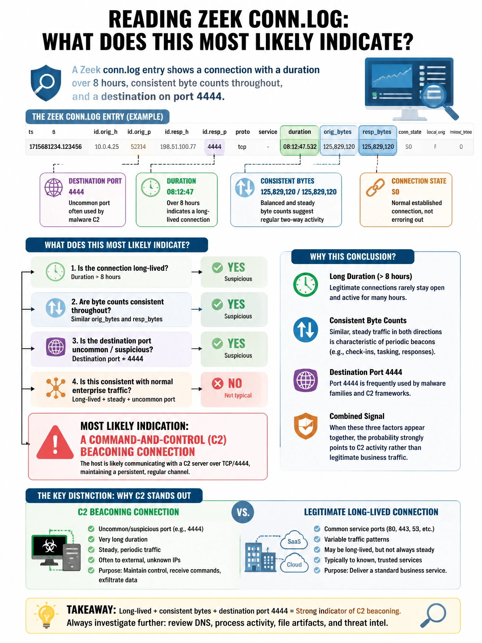 Portrait educational infographic teaching: A Zeek conn.log entry shows a connection with a duration over 8 hours, consistent byte counts throughout, and a destination on port 4444. What does this MOST likely indicate?. Show labeled components, decision flow, and the key distinction that makes the correct answer correct. Clean modern diagram style.