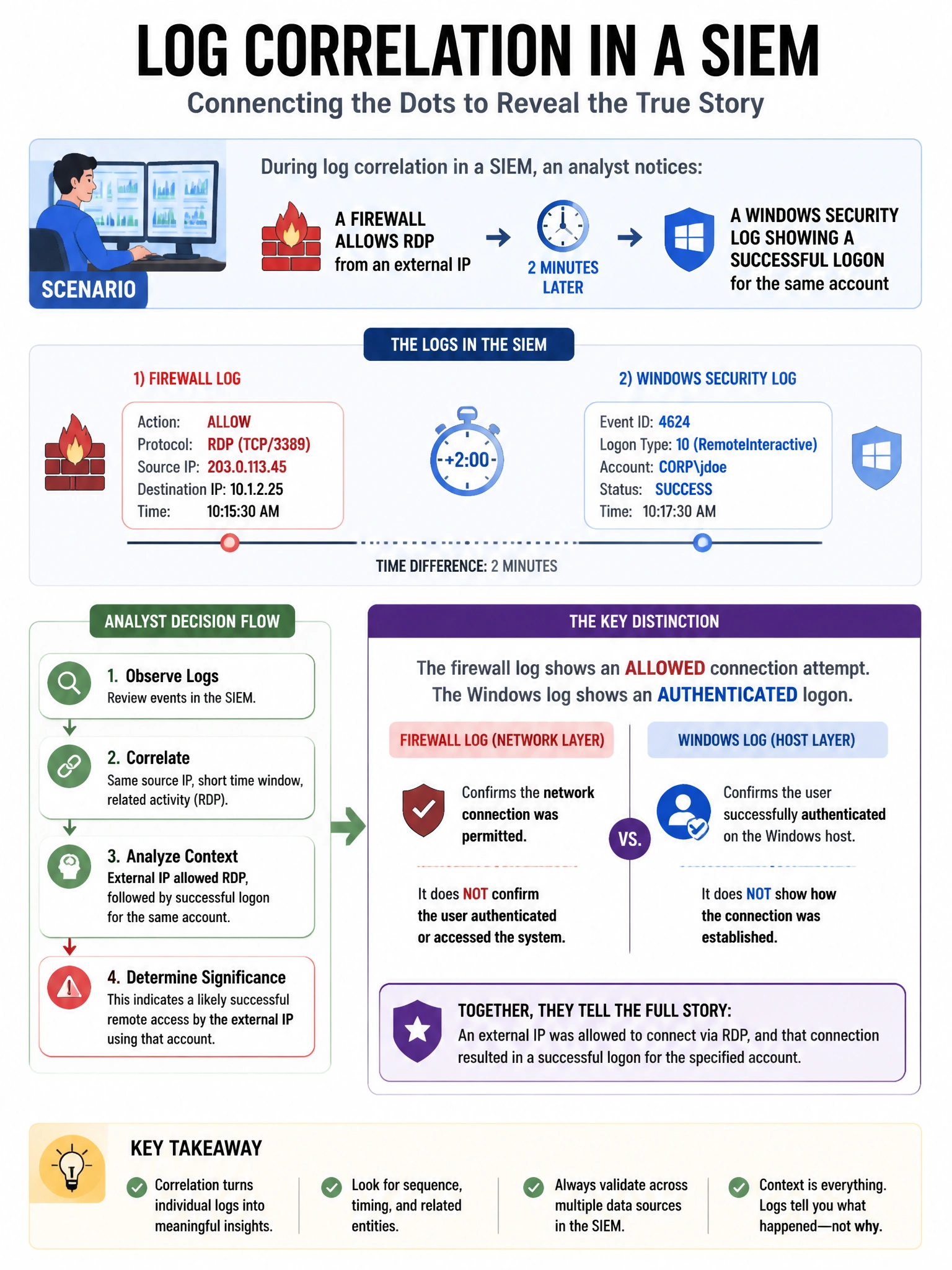 Portrait educational infographic teaching: During log correlation in a SIEM, an analyst notices: a firewall allows RDP from an external IP, followed 2 minutes later by a Windows Security log showing a successful logon for a. Show labeled components, decision flow, and the key distinction that makes the correct answer correct. Clean modern diagram style.