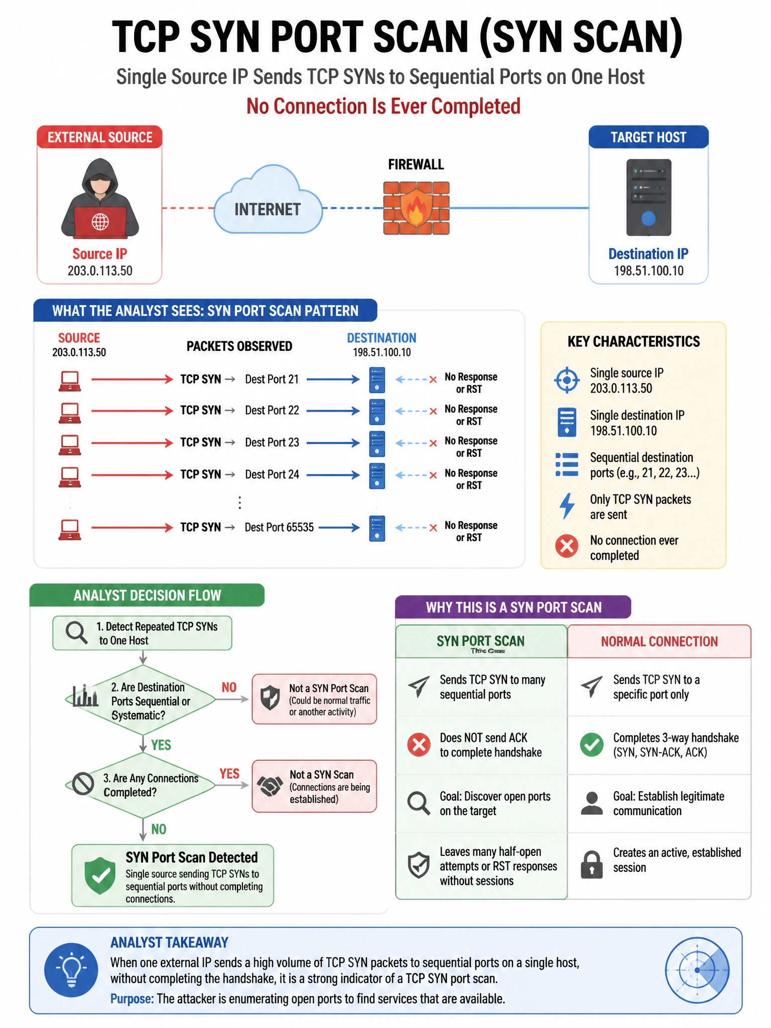 Portrait educational infographic teaching: A network security analyst identifies a scan pattern where a single external source IP sends TCP SYN packets to sequential destination ports on a single host without ever completin. Show labeled components, decision flow, and the key distinction that makes the correct answer correct. Clean modern diagram style.