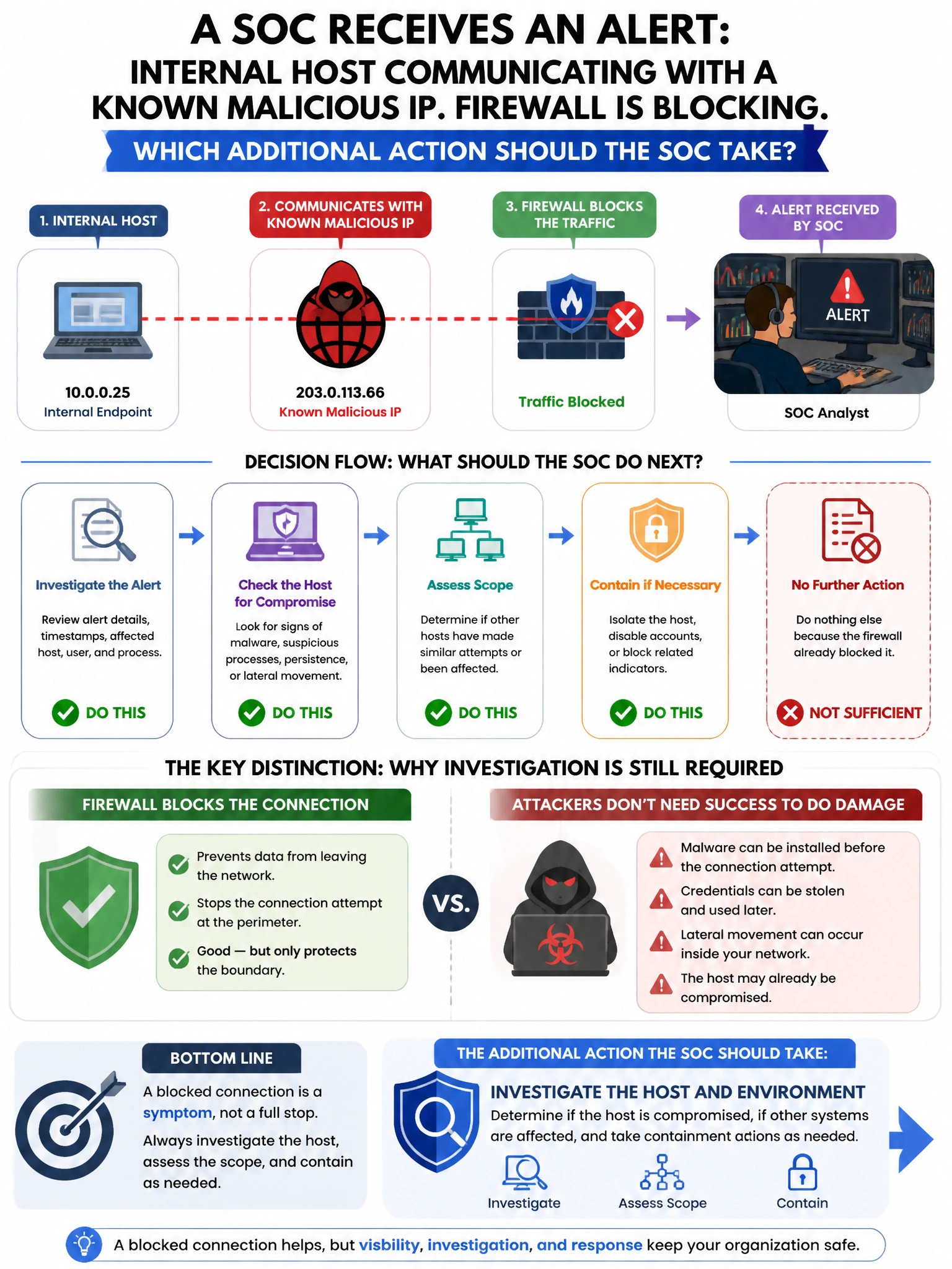 Portrait educational infographic teaching: A SOC receives an alert that an internal host is communicating with a known malicious IP. The firewall is blocking the traffic. Which ADDITIONAL action should the SOC take?. Show labeled components, decision flow, and the key distinction that makes the correct answer correct. Clean modern diagram style.